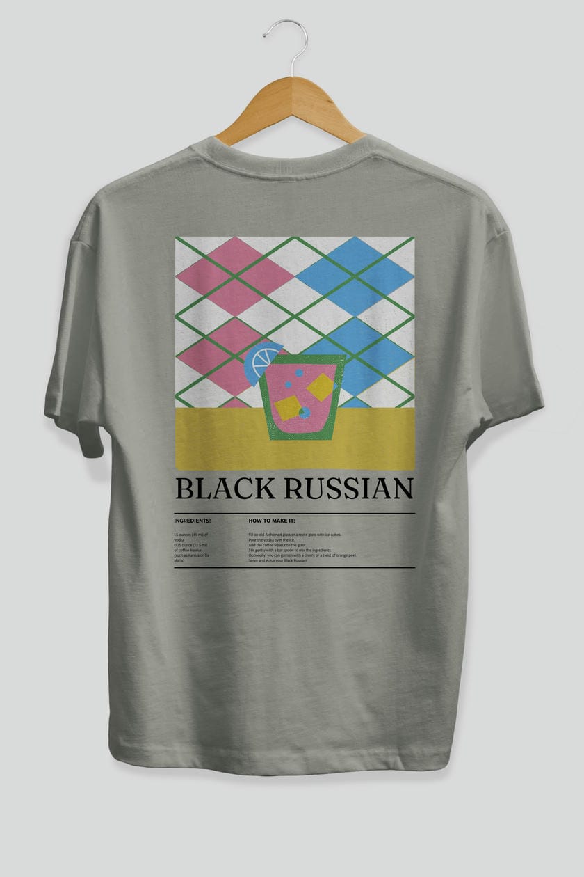 Black Russian Kokteyl Serisi Arka Baskılı Oversize t-shirt Erkek Kadın %100 Pamuk Bisiklet Yaka tişort
