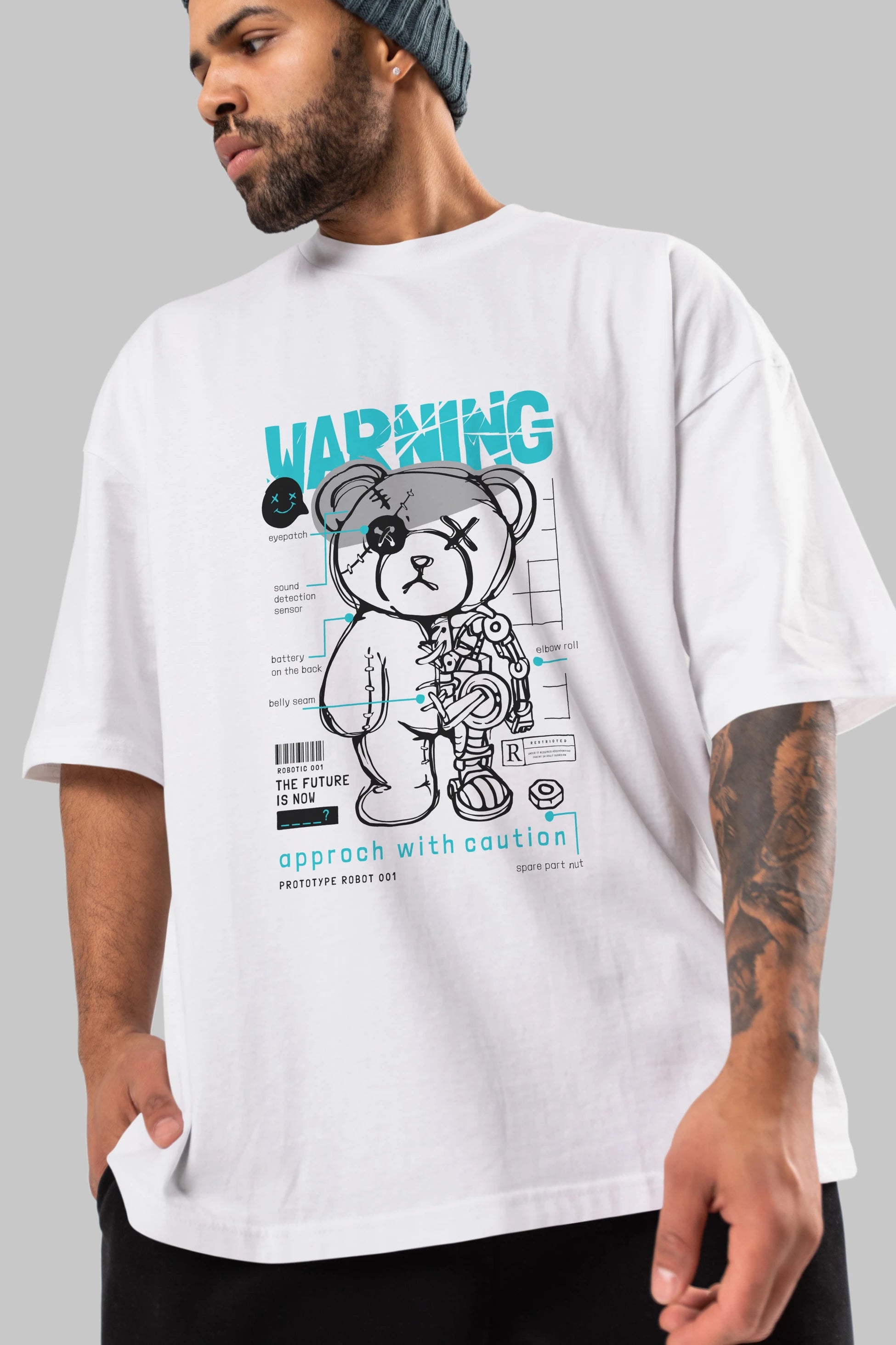 Teddy Bear Warning Ön Baskılı Oversize t-shirt Erkek Kadın Unisex