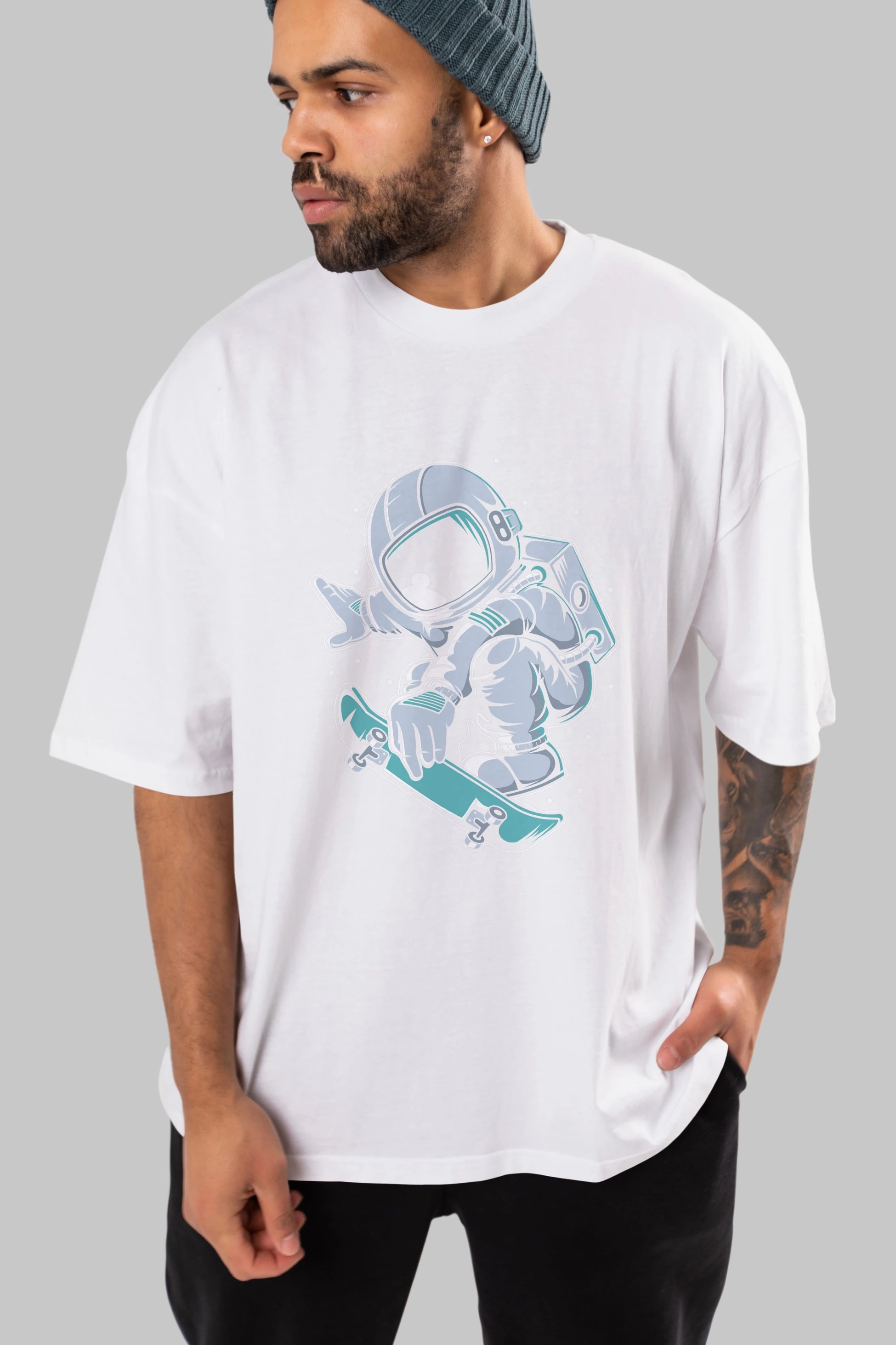 Astronaut Skateboard Jump Ön Baskılı Oversize t-shirt Erkek Kadın Unisex