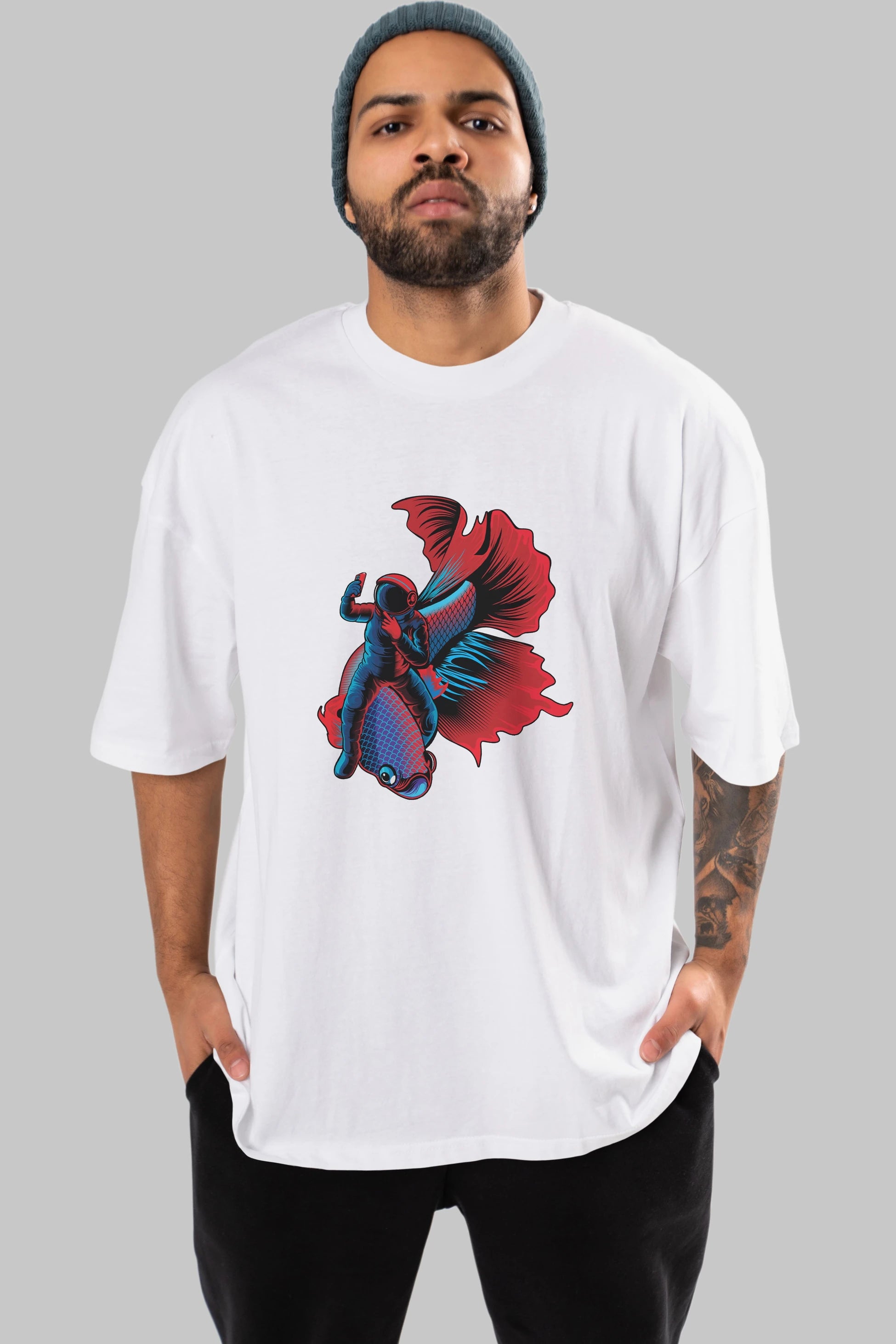 Astrofish selfie Ön Baskılı Oversize t-shirt Erkek Kadın Unisex