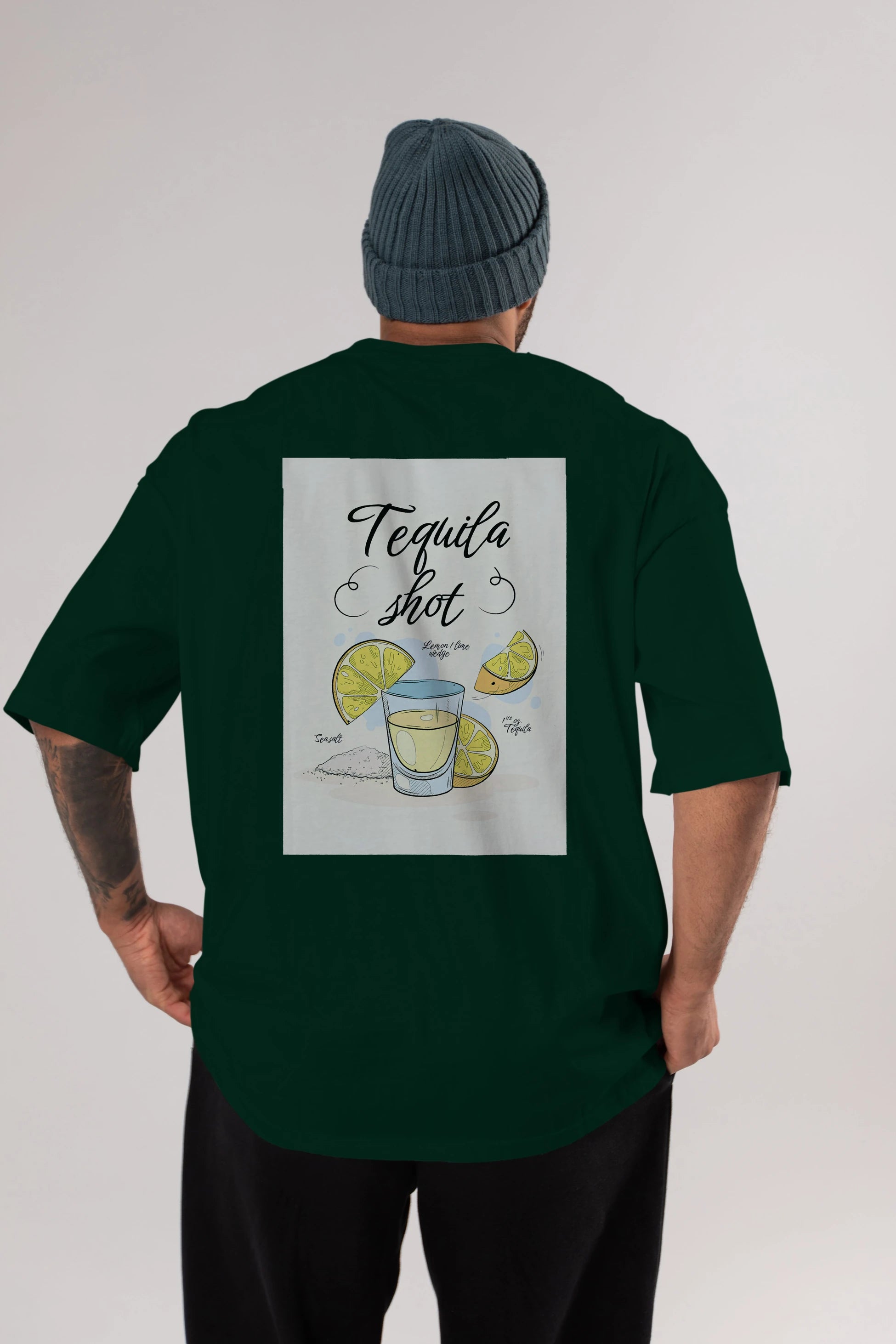 Tequila Shot Arka Baskılı Oversize t-shirt Erkek Kadın Unisex %100 Pamuk Bisiklet Yaka tişort
