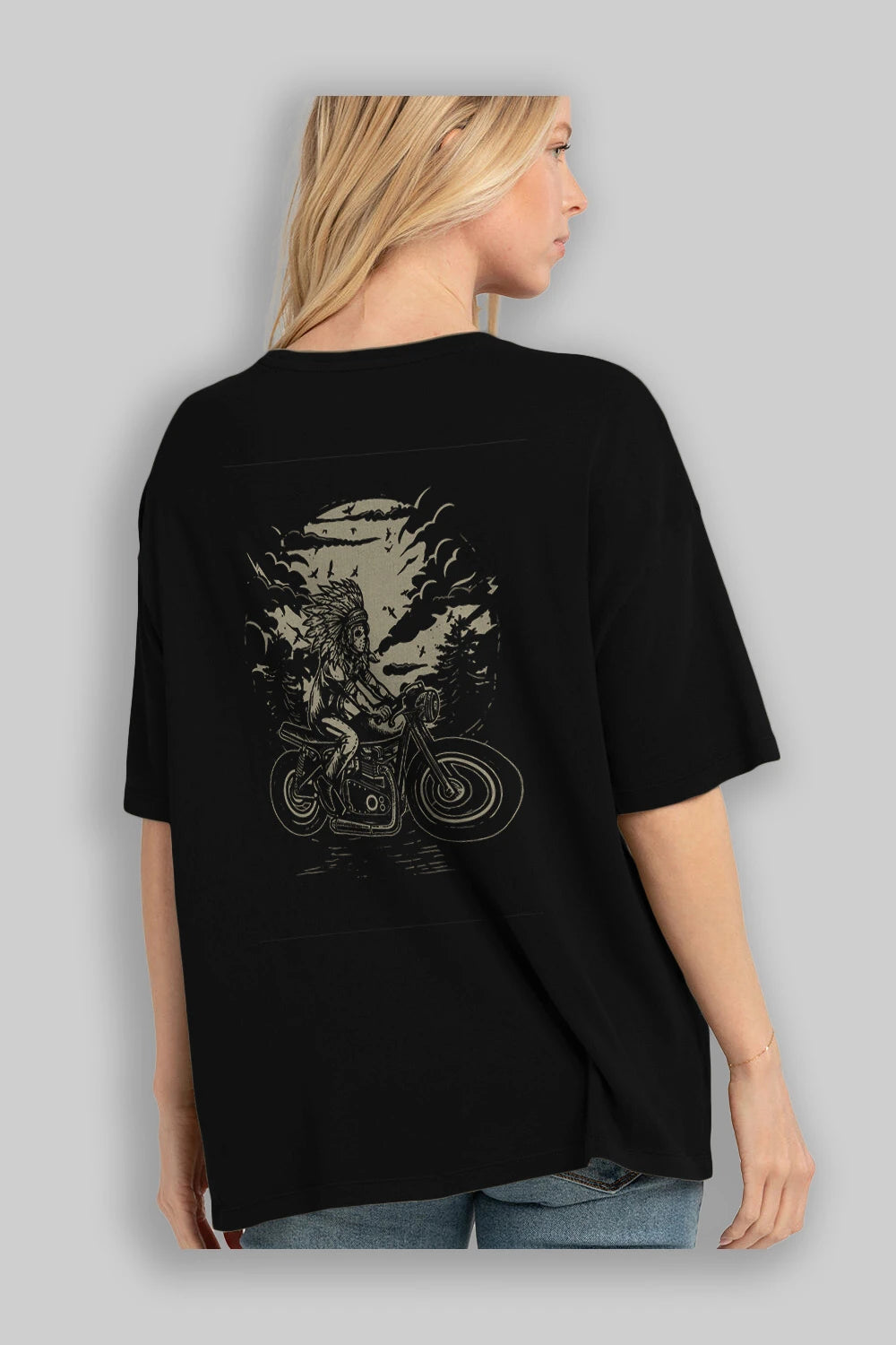 Indian Chief Rider Arka Baskılı Oversize t-shirt Erkek Kadın Unisex %100 Pamuk
