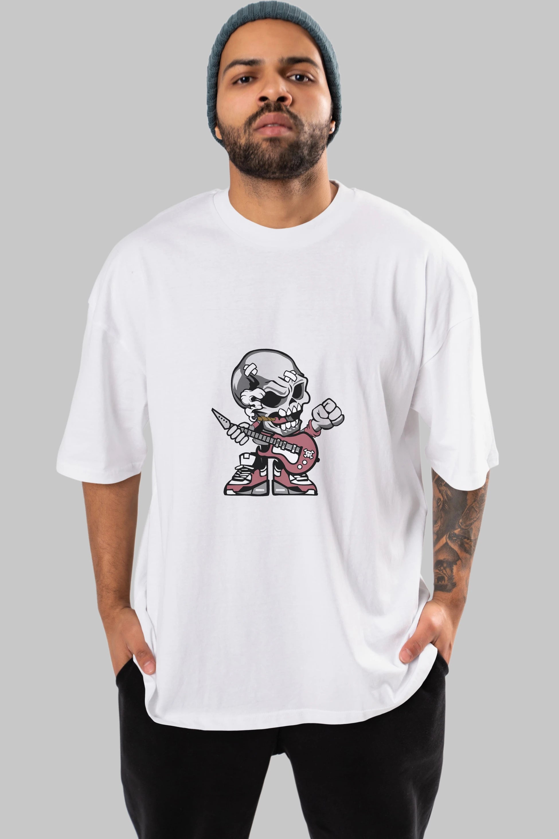 Skull Rockstar Ön Baskılı Oversize t-shirt Erkek Kadın Unisex %100 Pamuk tişort