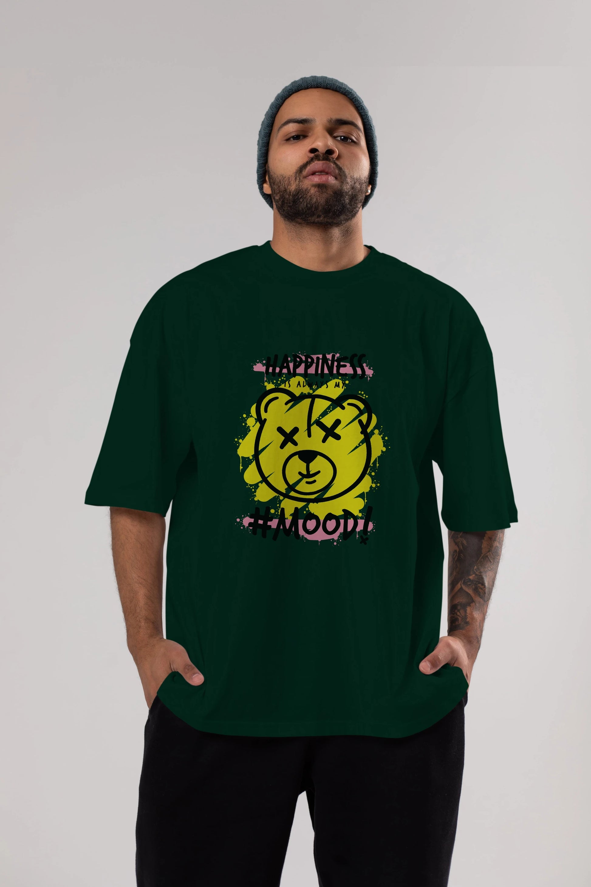 Happiness Mood Bear Ön Baskılı Oversize t-shirt Erkek Kadın Unisex