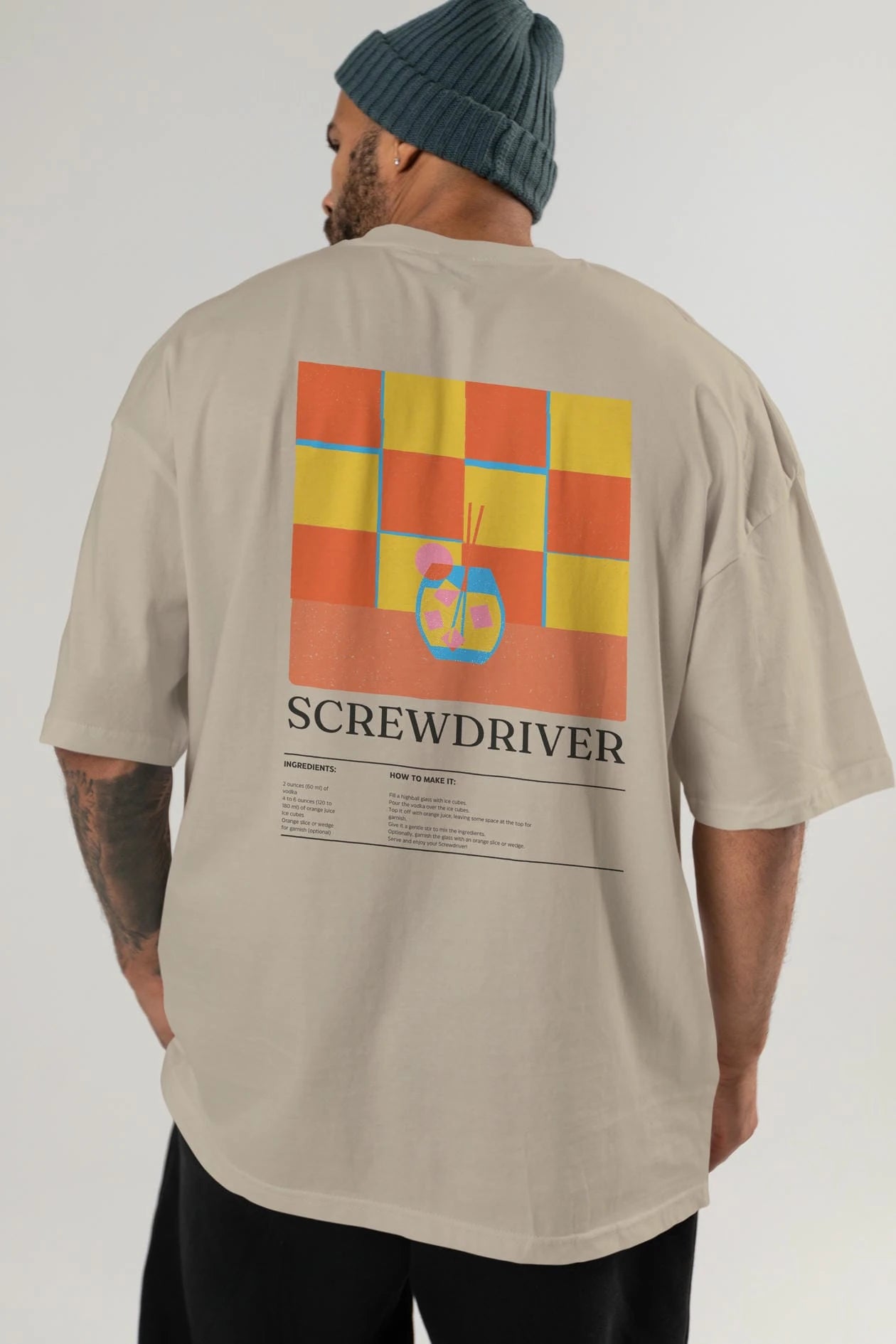 Screwdriver Kokteyl Serisi Arka Baskılı Oversize t-shirt Erkek Kadın %100 Pamuk Bisiklet Yaka tişort