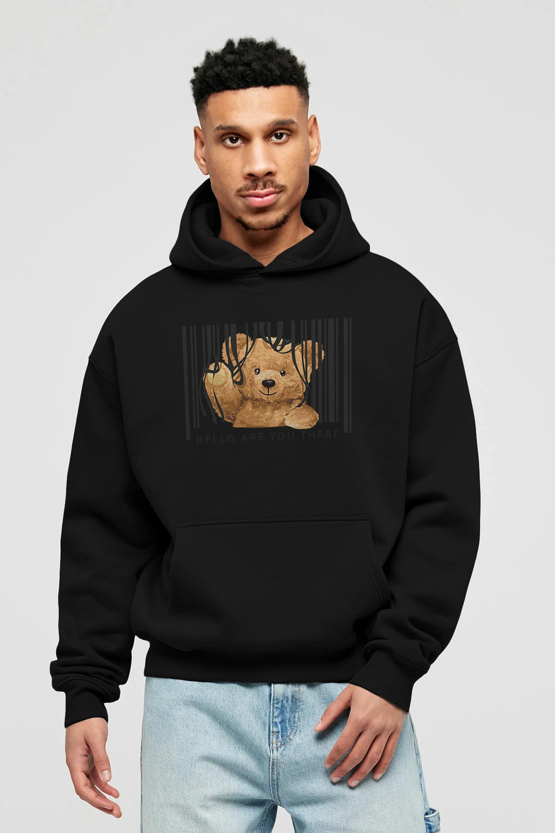 Teddy Bear Hello Ön Baskılı Hoodie Oversize Kapüşonlu Sweatshirt Erkek Kadın Unisex