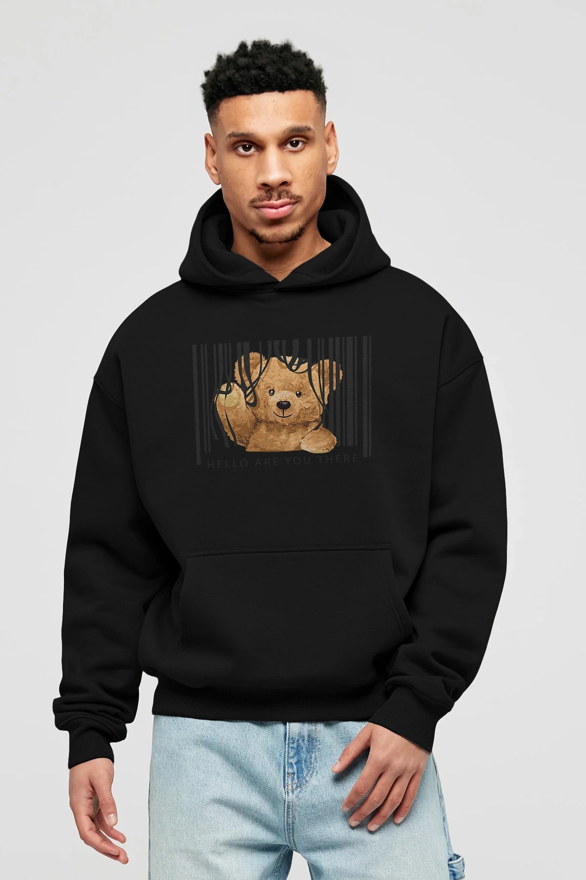 Teddy Bear Hello Ön Baskılı Hoodie Oversize Kapüşonlu Sweatshirt Erkek Kadın Unisex