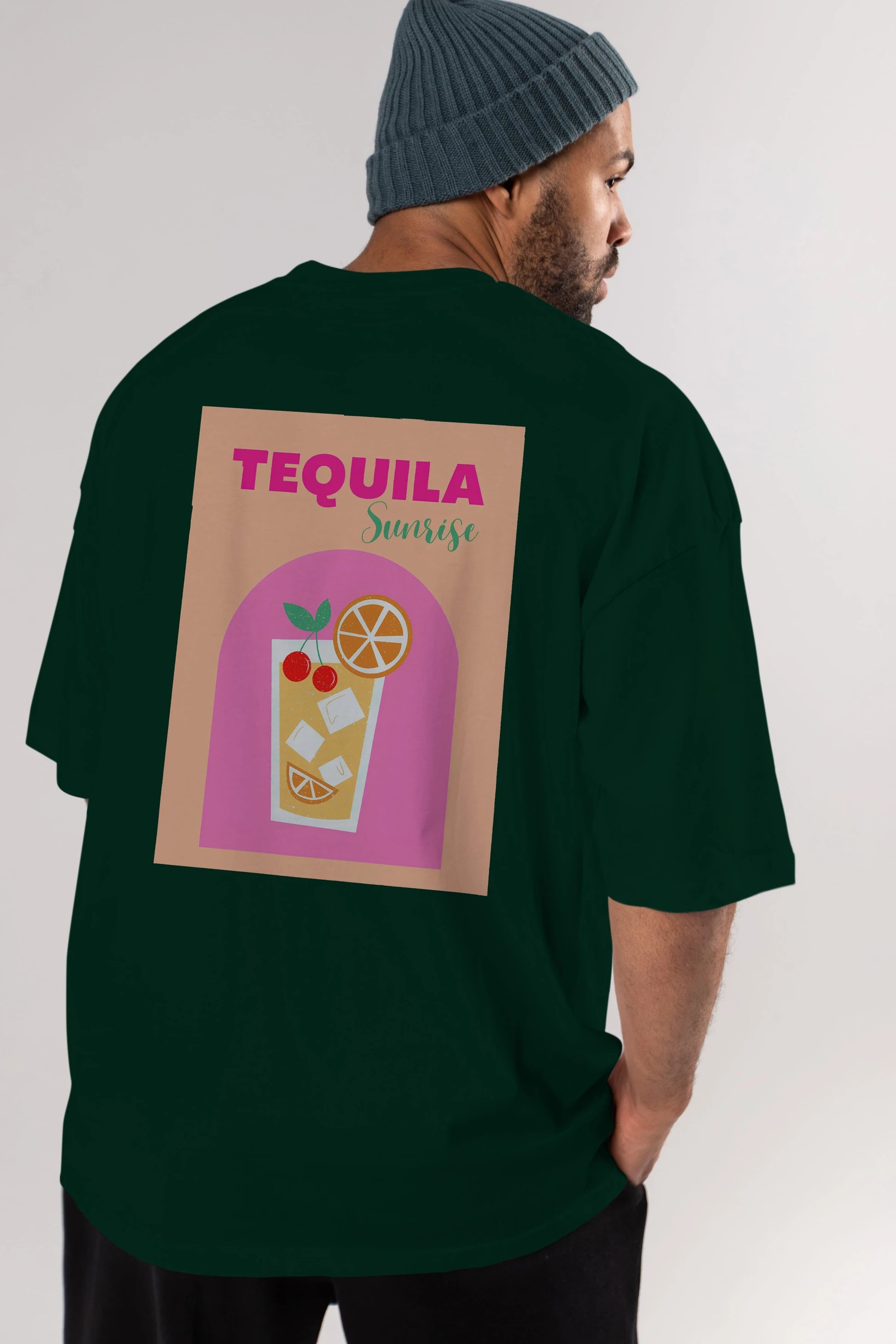 Tequila Sunrise 2 Arka Baskılı Oversize t-shirt Erkek Kadın Unisex %100 Pamuk Bisiklet Yaka tişort