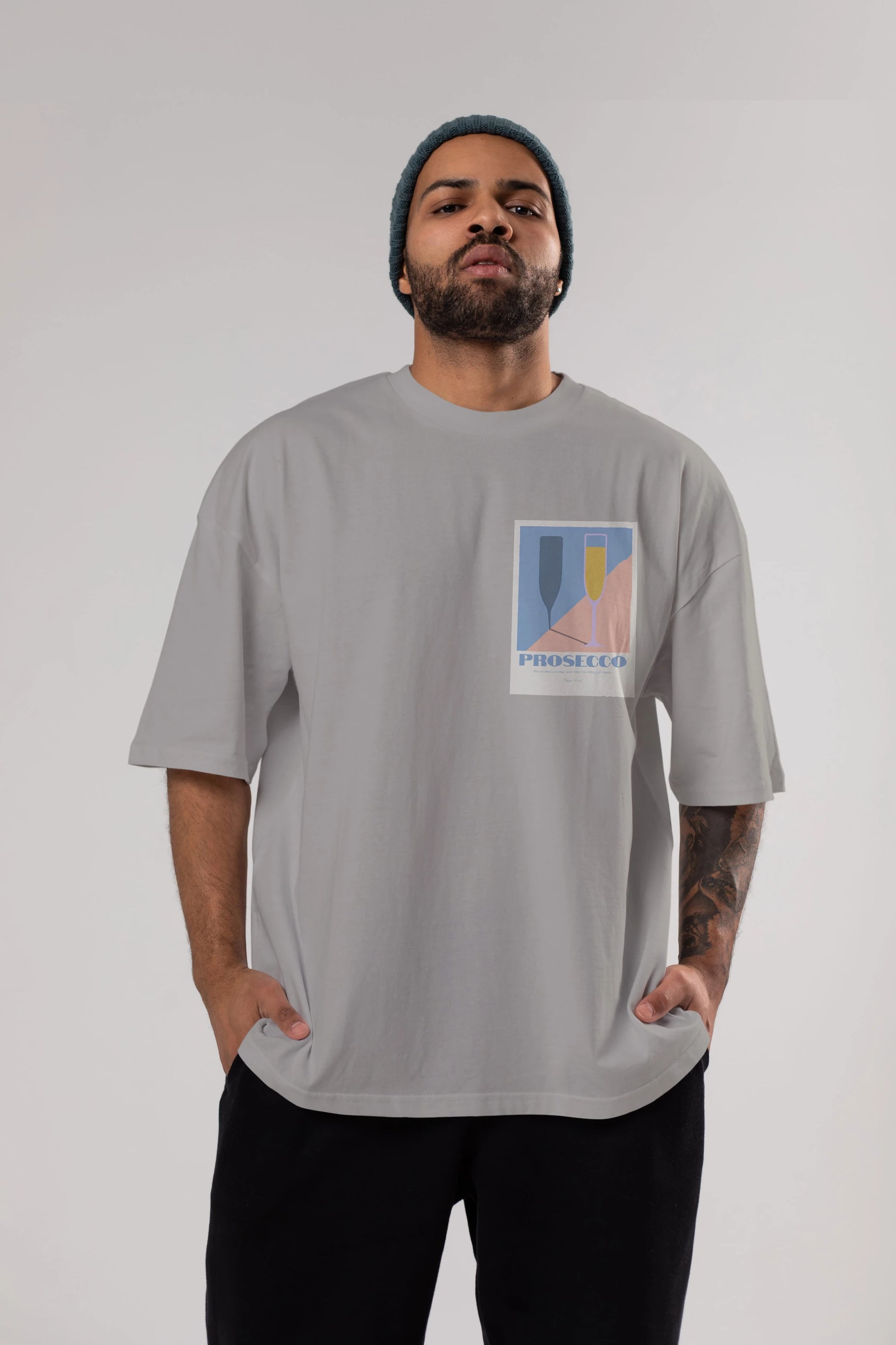 Prosecco Ön Sol Baskılı Oversize t-shirt Erkek Kadın Unisex %100 Pamuk Bisiklet Yaka tişort