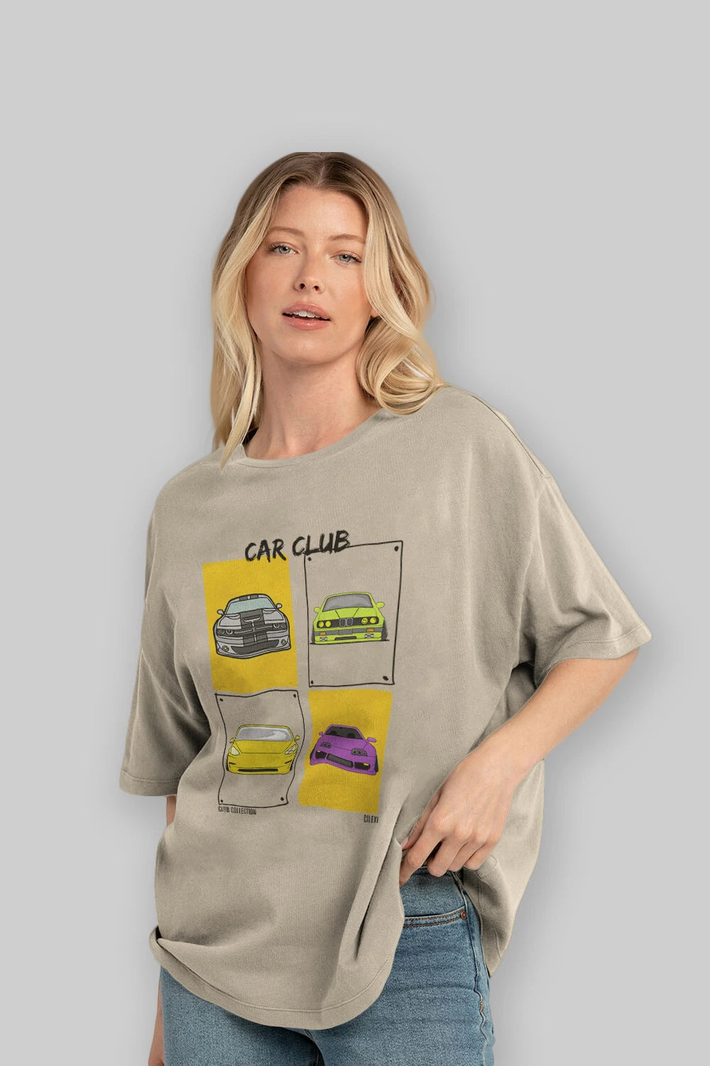 Car Club ön Baskılı Oversize t-shirt Erkek Kadın %100 Pamuk Bisiklet Yaka tişort