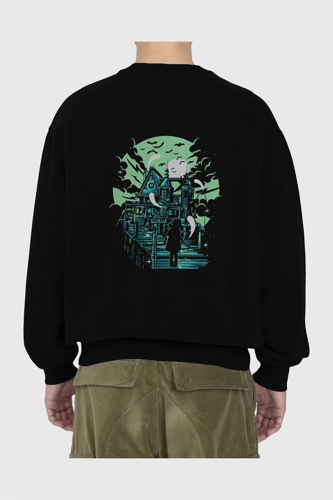 Haunted House Arka Baskılı Oversize Sweatshirt Erkek Kadın Unisex