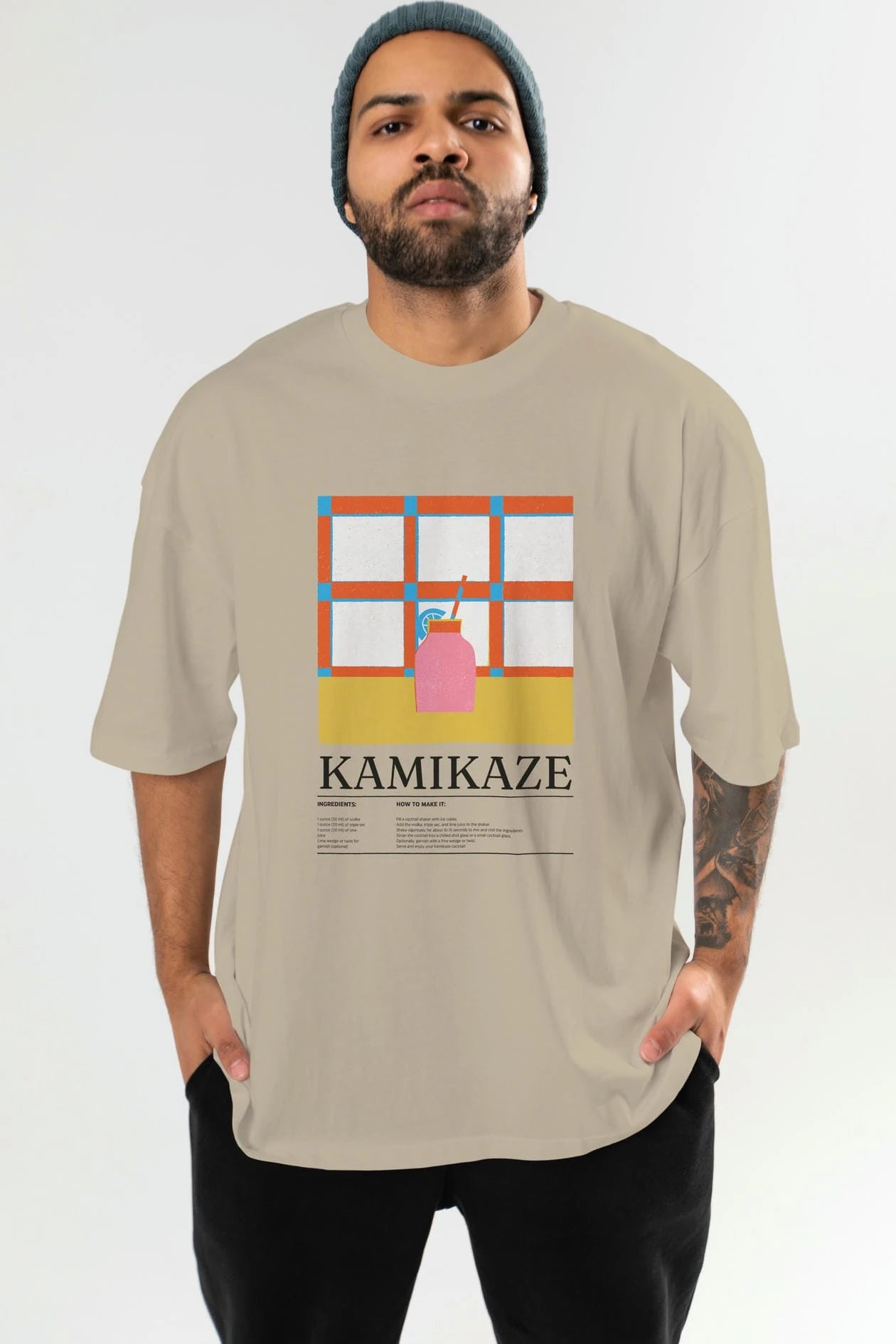 Kamikaze Kokteyl Ön Baskılı Oversize t-shirt Erkek Kadın %100 Pamuk Bisiklet Yaka tişort