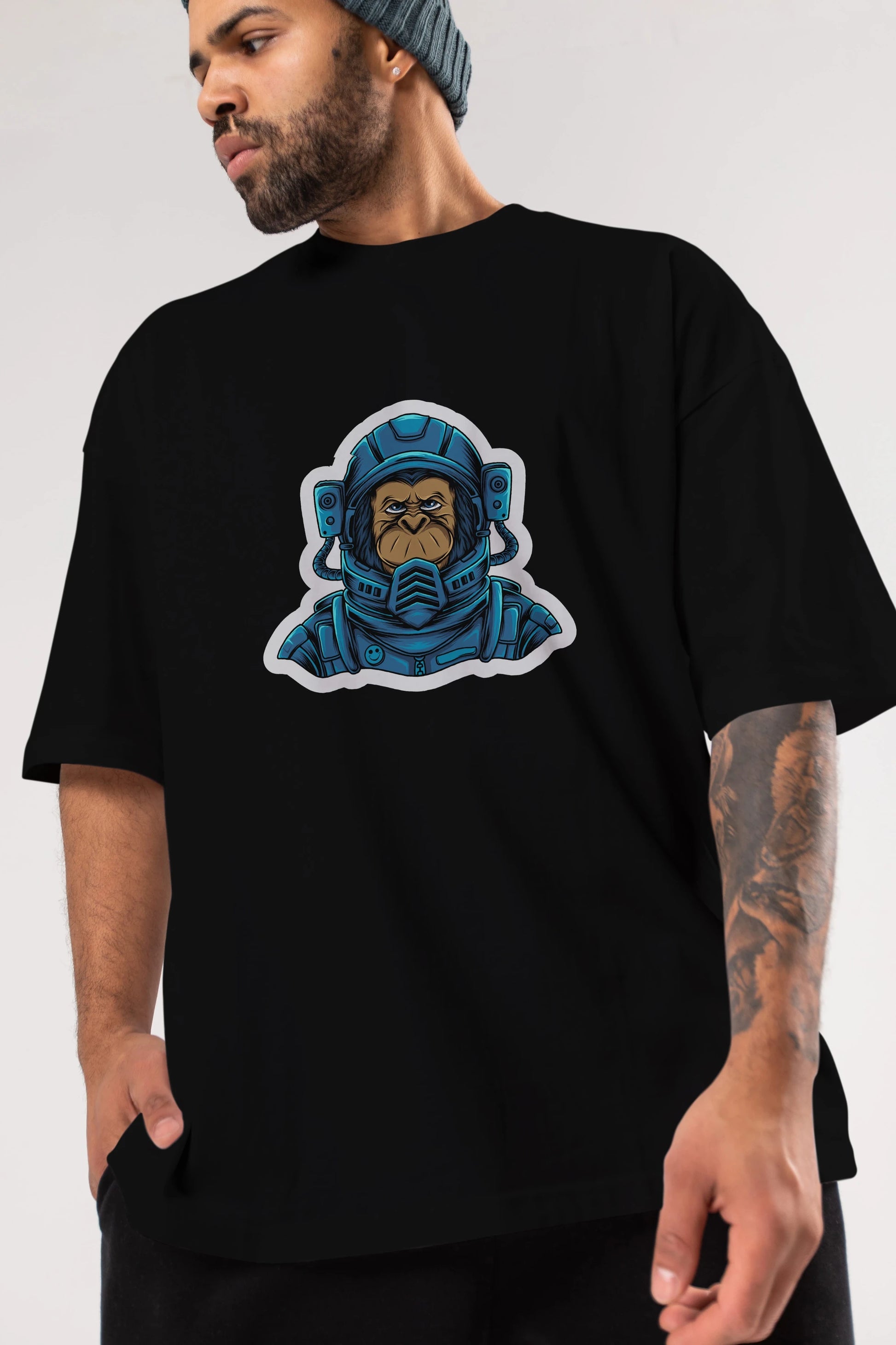 Astromonkey Sticker Ön Baskılı Oversize t-shirt Erkek Kadın Unisex