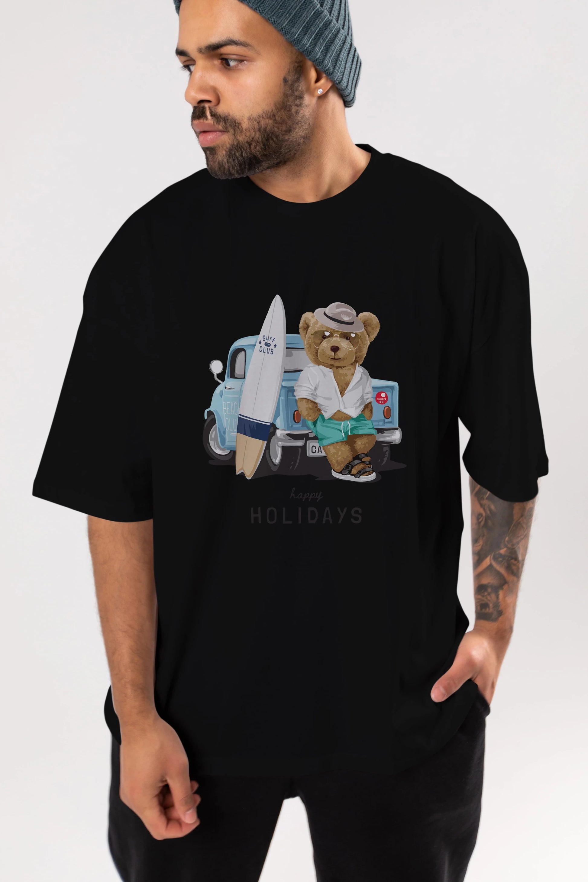 Teddy Bear Surf Club Ön Baskılı Oversize t-shirt Erkek Kadın Unisex %100 Pamuk