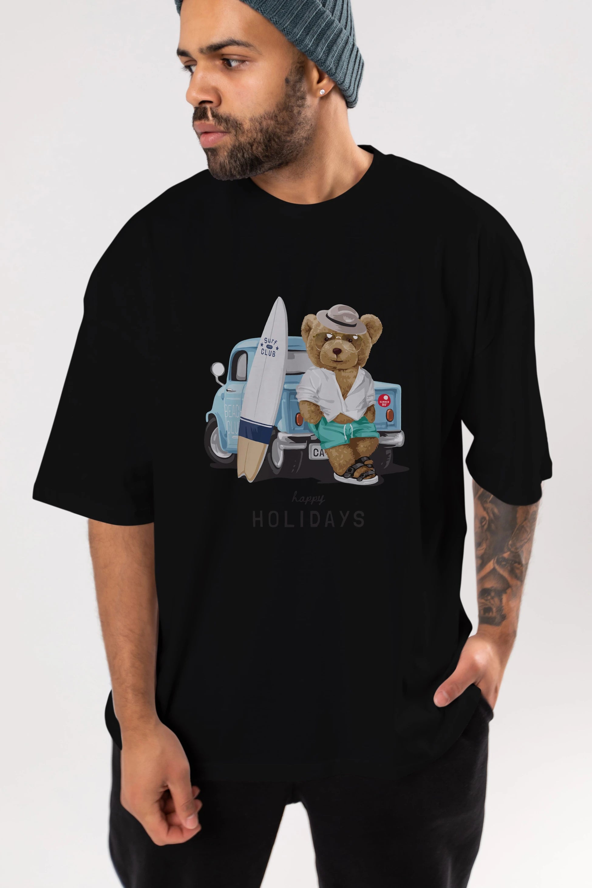 Teddy Bear Surf Club Ön Baskılı Oversize t-shirt Erkek Kadın Unisex %100 Pamuk