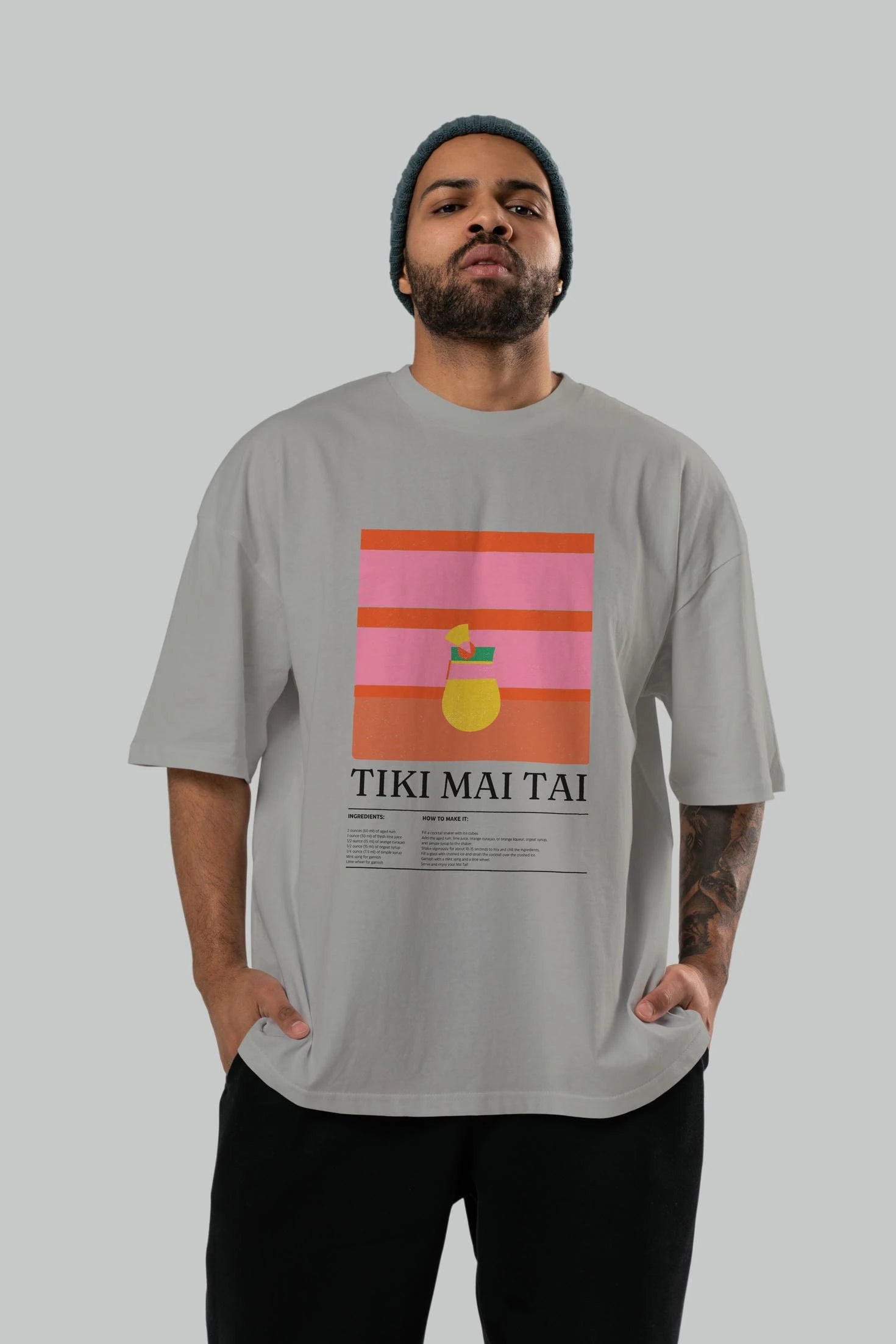 Tiki Mai Tai Kokteyl Ön Baskılı Oversize t-shirt Erkek Kadın %100 Pamuk Bisiklet Yaka tişort