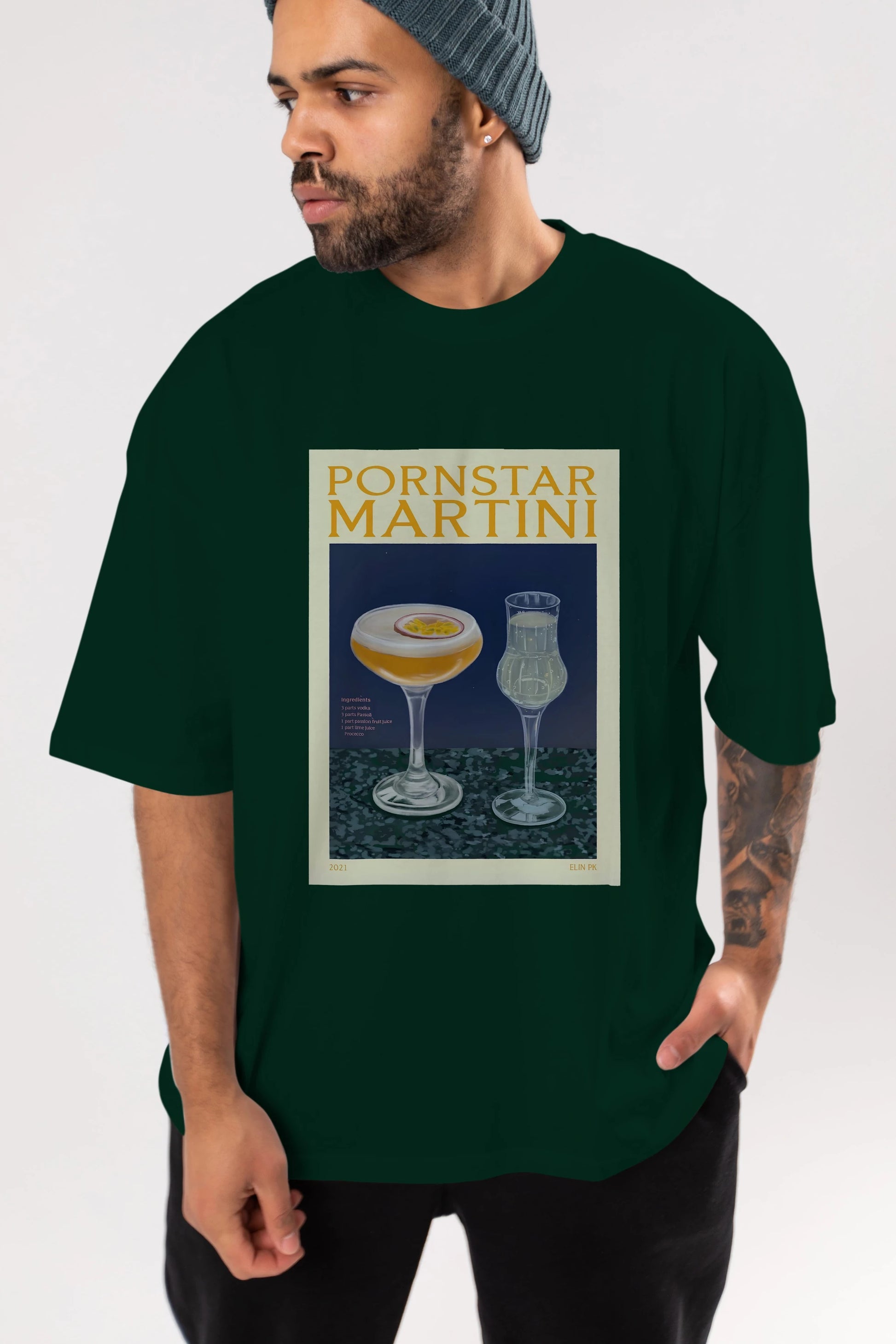 P.rnstar Martini Ön Baskılı Oversize t-shirt Erkek Kadın Unisex %100 Pamuk Bisiklet Yaka tişort