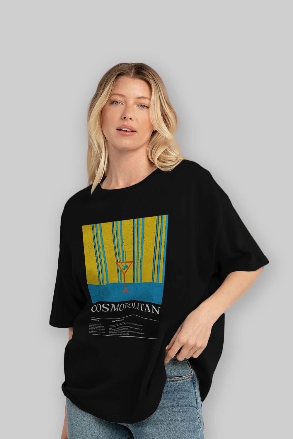 Cosmopolitan Kokteyl Ön Baskılı Oversize t-shirt Erkek Kadın %100 Pamuk Bisiklet Yaka tişort