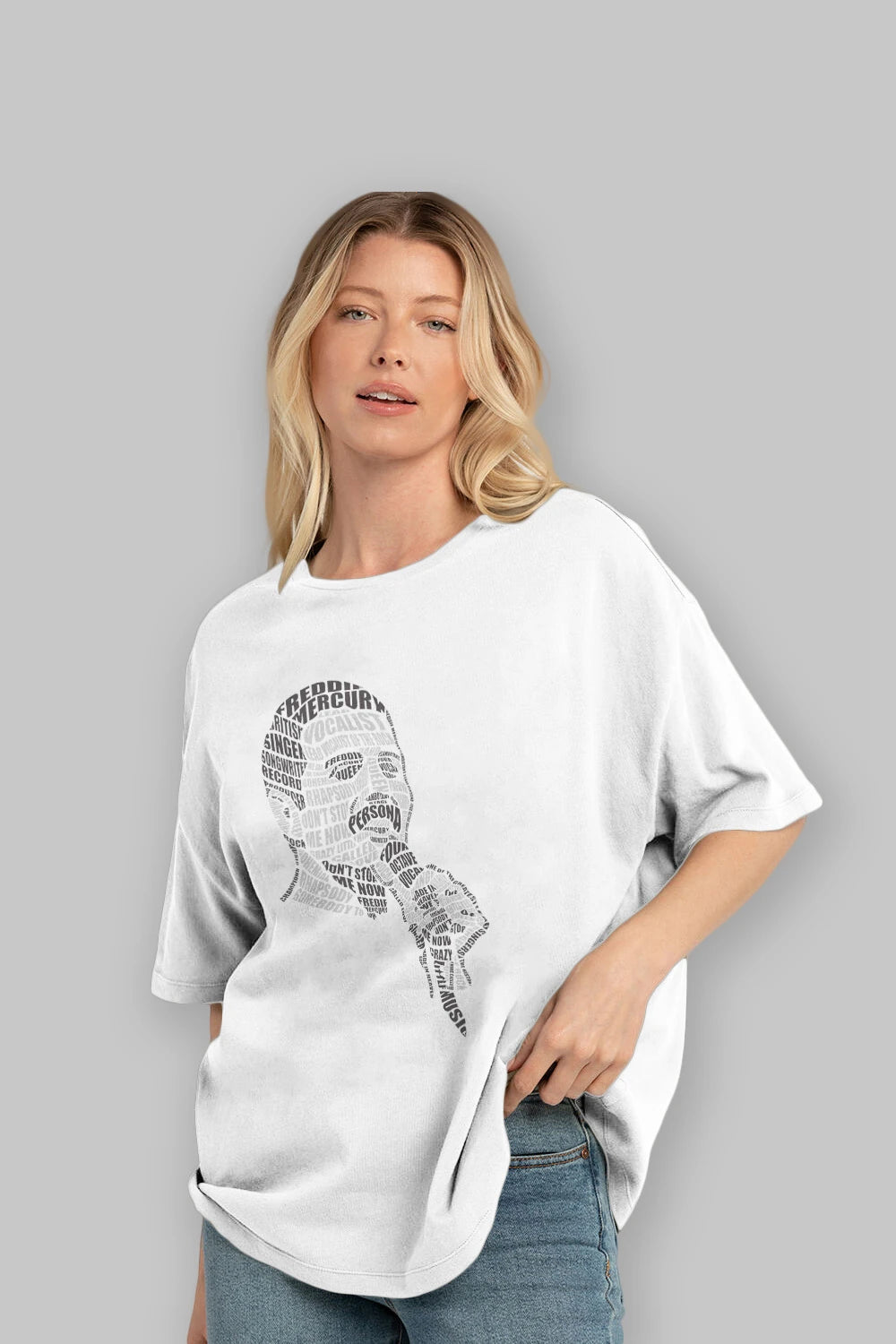 Freddy Mercuri Calligram Ön Baskılı Oversize t-shirt %100 pamuk Erkek Kadın Unisex