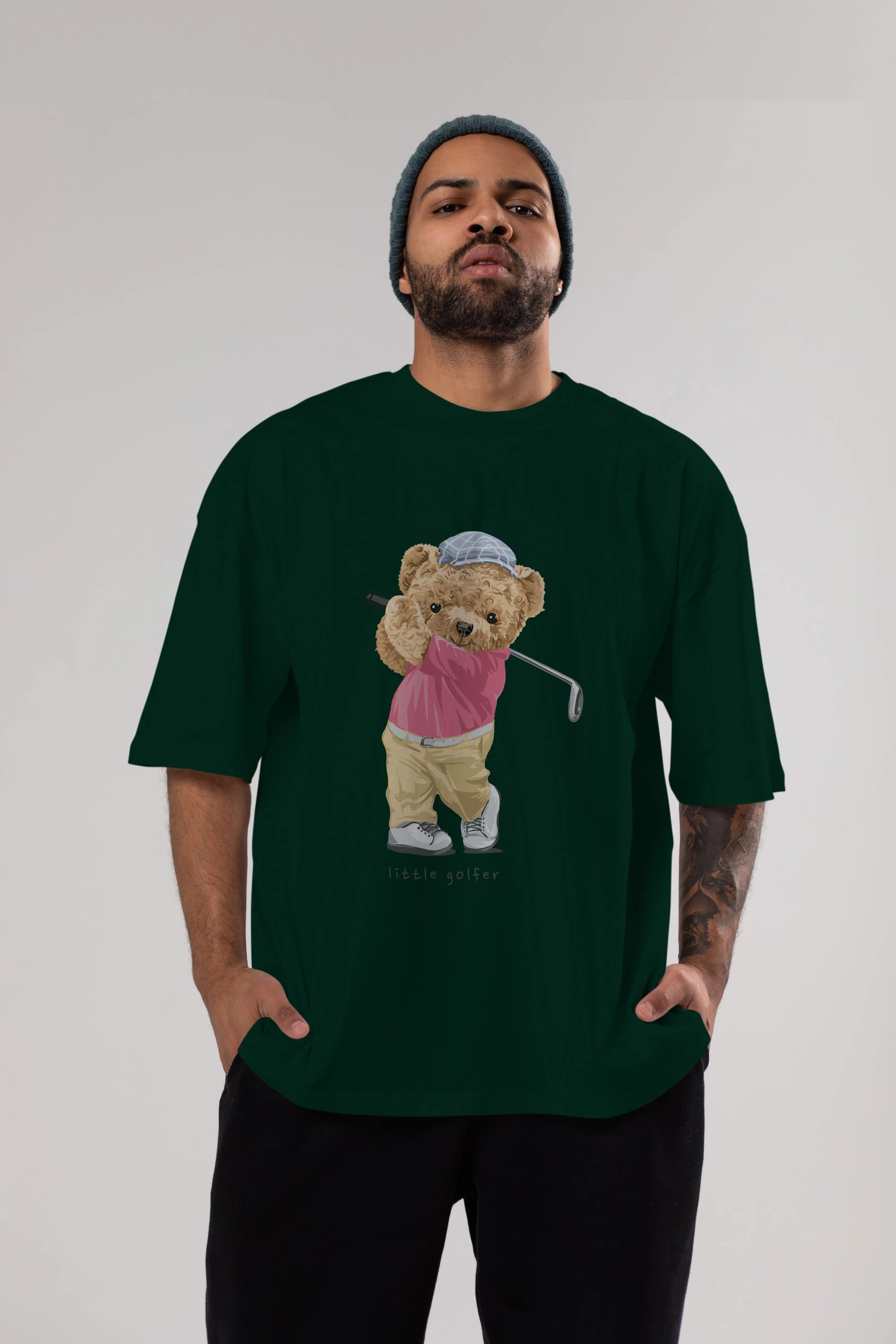 Teddy Bear Little Golfer Ön Baskılı Oversize t-shirt Erkek Kadın Unisex %100 Pamuk