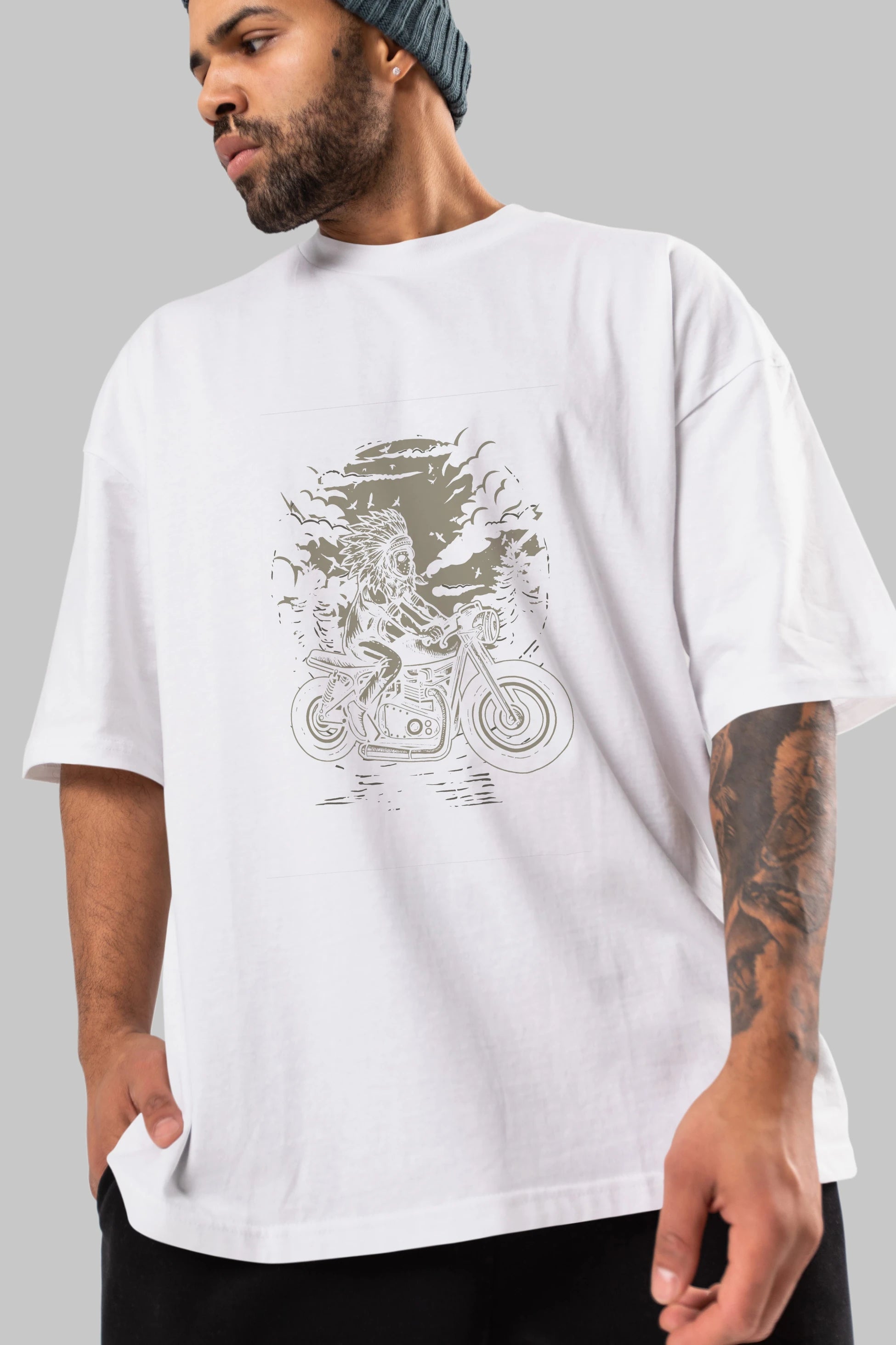 Indian Chief Rider Ön Baskılı Oversize t-shirt Erkek Kadın Unisex %100 Pamuk tişort