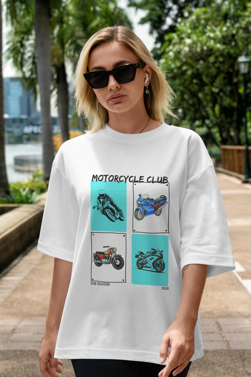 Motorcycle Club ön Baskılı Oversize t-shirt Erkek Kadın %100 Pamuk Bisiklet Yaka tişort
