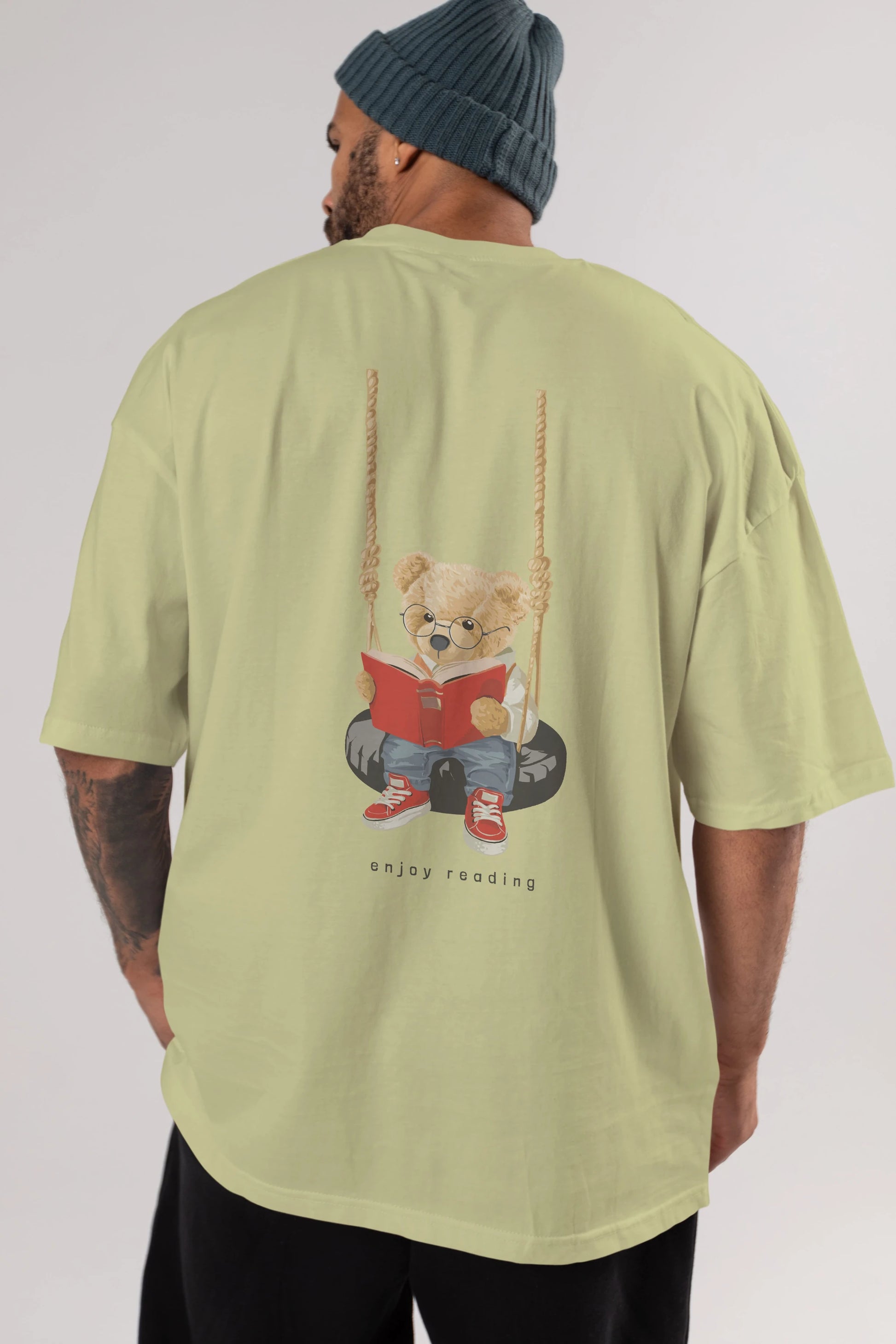 Teddy Bear Enjoy Reading Arka Baskılı Oversize t-shirt Erkek Kadın Unisex %100 Pamuk
