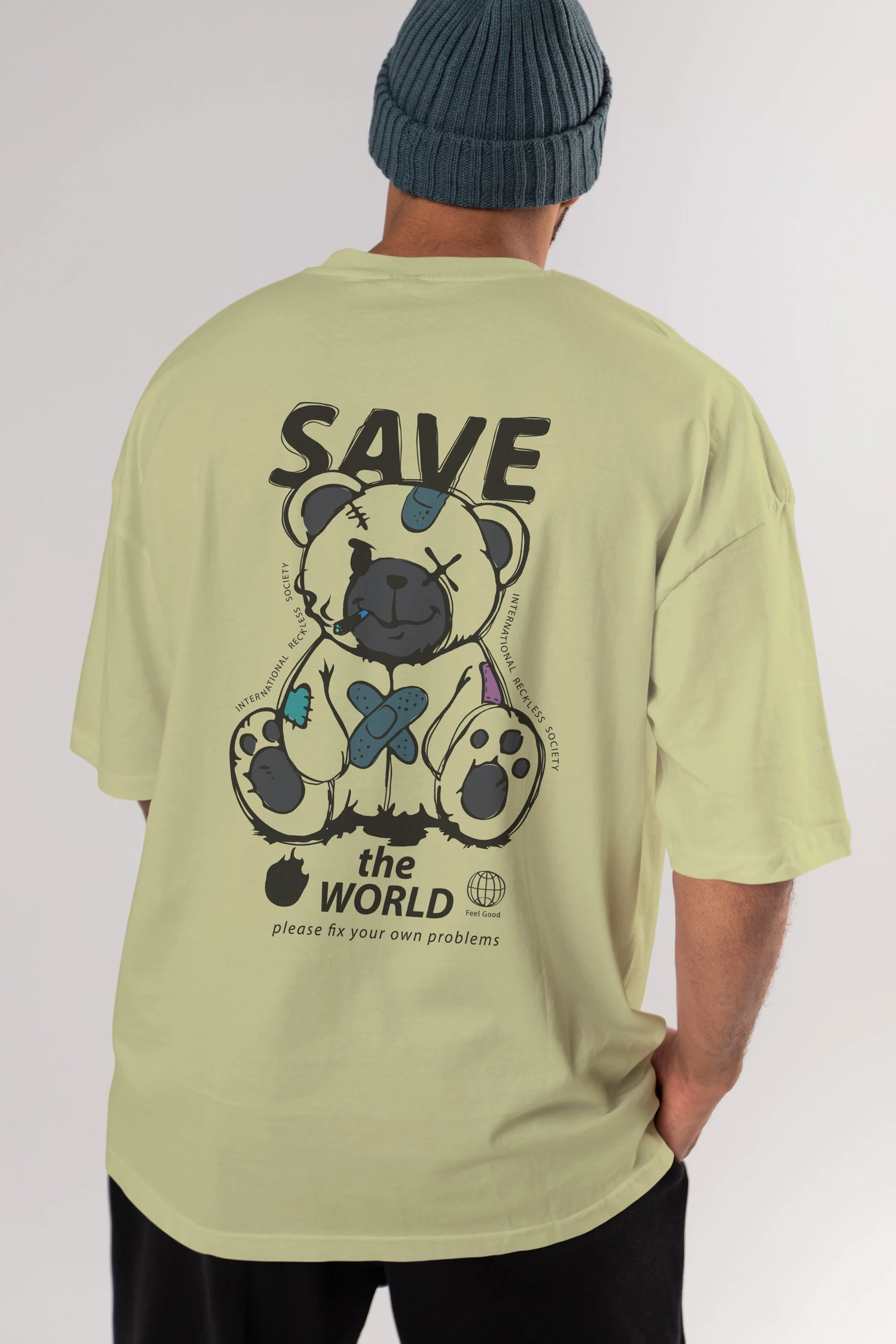 Save the World Bear Arka Baskılı Oversize t-shirt Erkek Kadın Unisex