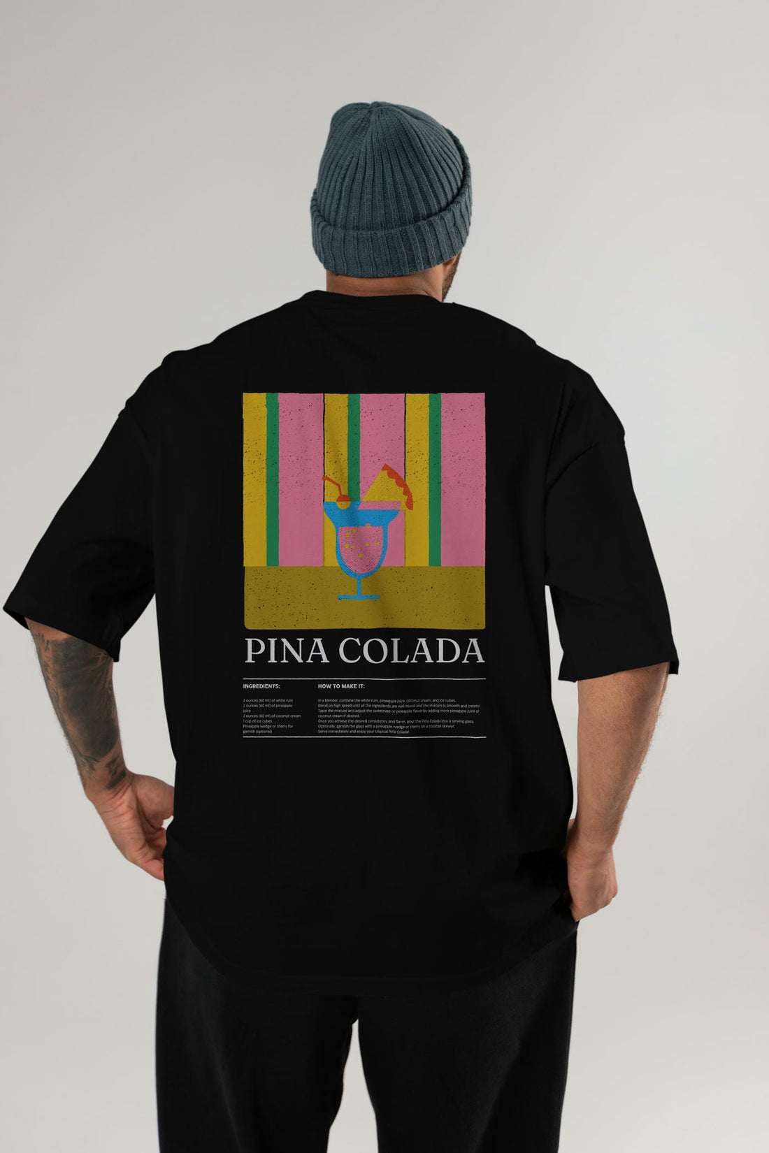 Pina Colada Kokteyl Serisi Arka Baskılı Oversize t-shirt Erkek Kadın %100 Pamuk Bisiklet Yaka tişort
