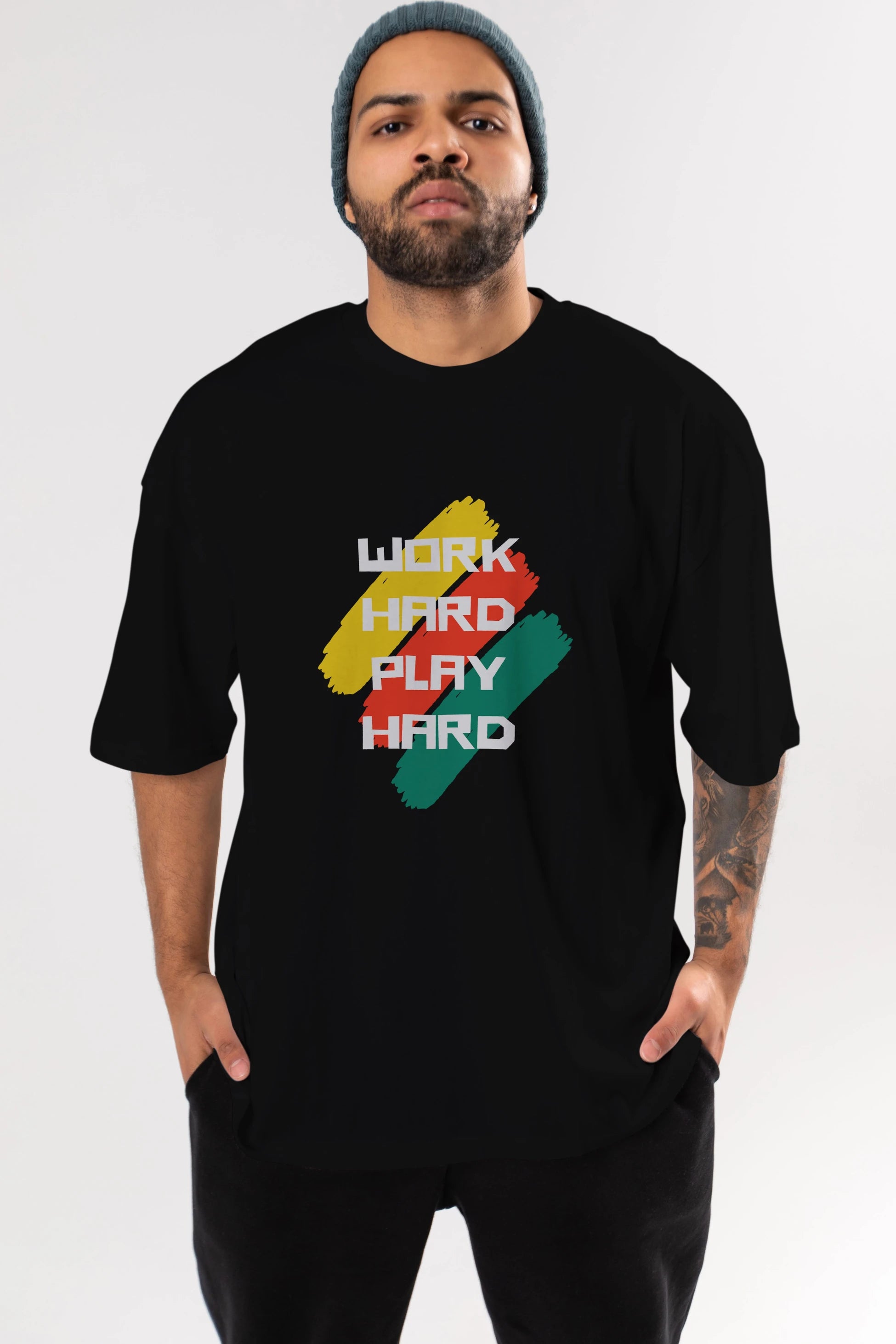 Work Hard Play Hard 2 Ön Baskılı Oversize t-shirt Erkek Kadın Unisex