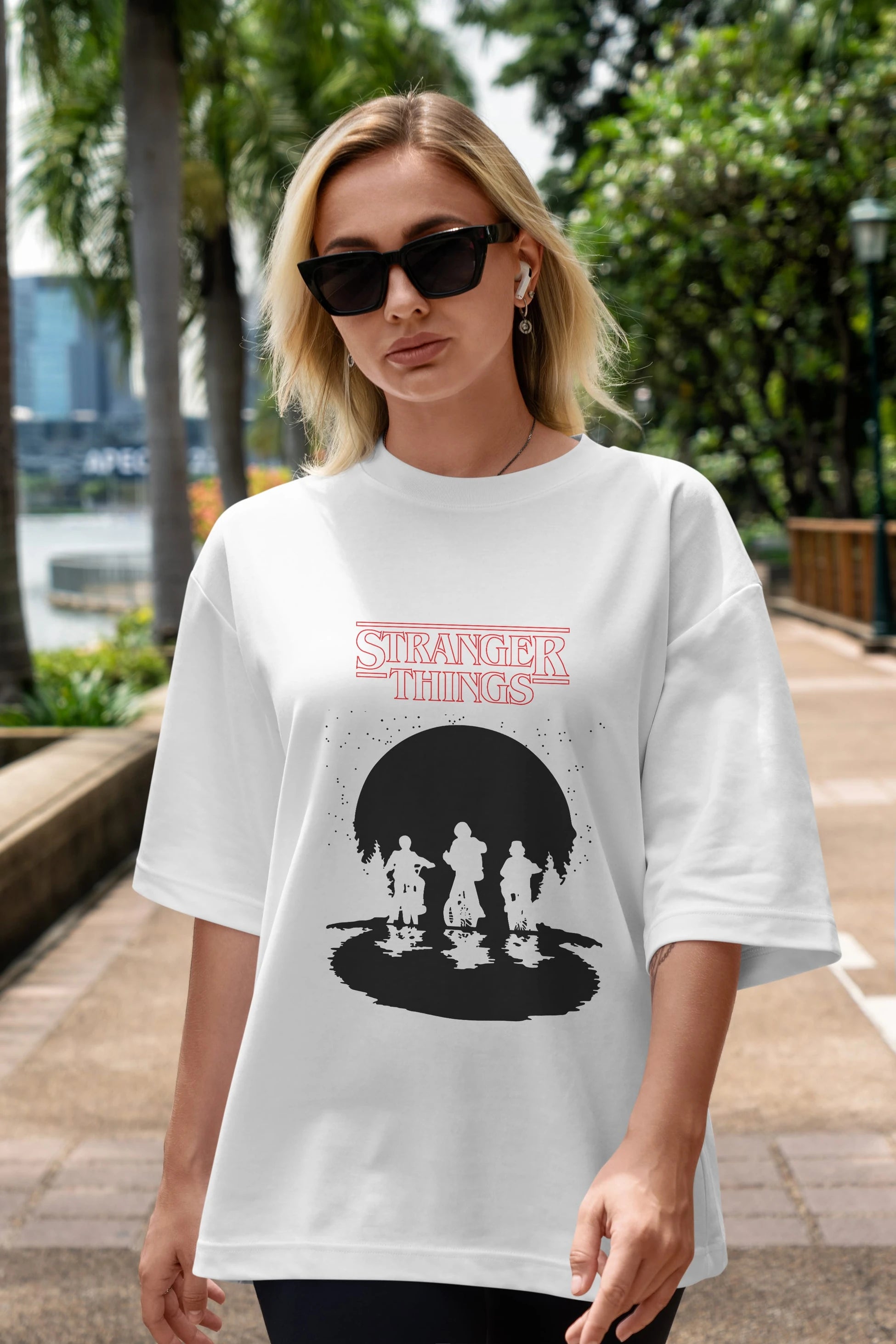 Stranger Things Ön Baskılı Oversize t-shirt Erkek Kadın Unisex %100 Pamuk Bisiklet Yaka tişort