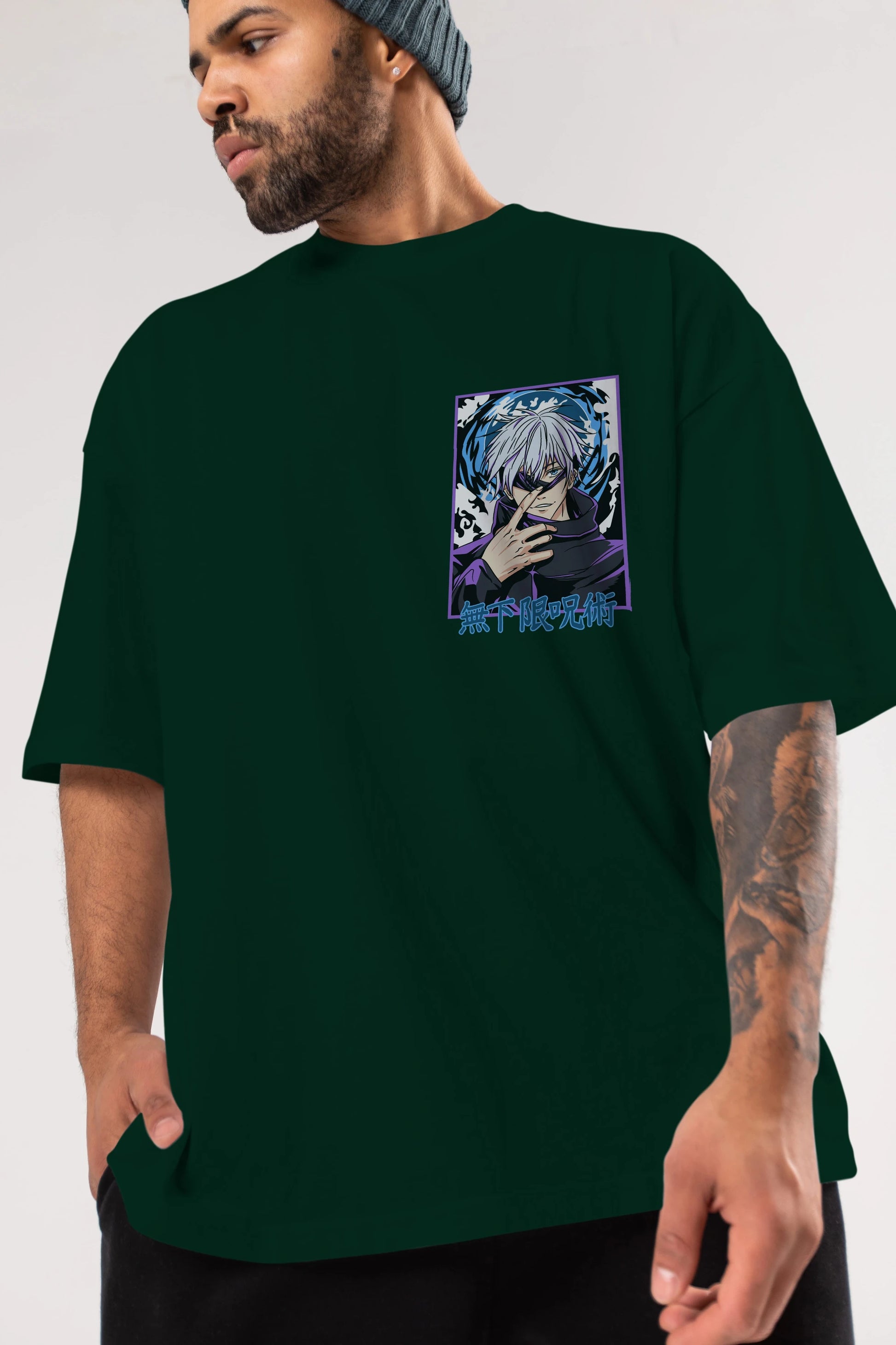 SATORU GOJO 3 Ön Sol Baskılı Oversize t-shirt Erkek Kadın Unisex %100 Pamuk Bisiklet Yaka tişort