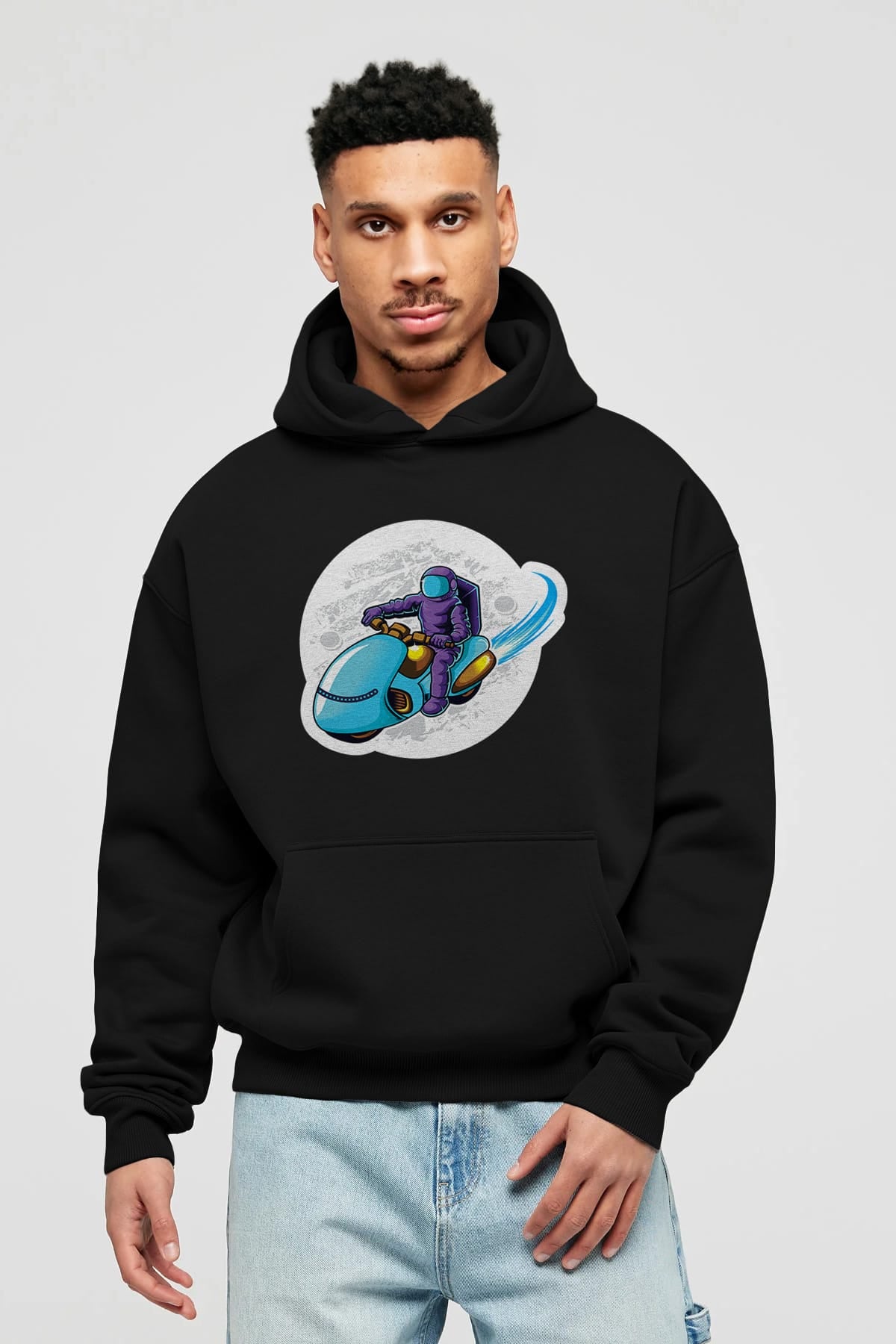 Astrorider in Space Sticker Ön Baskılı Hoodie Oversize Kapüşonlu Sweatshirt Erkek Kadın Unisex