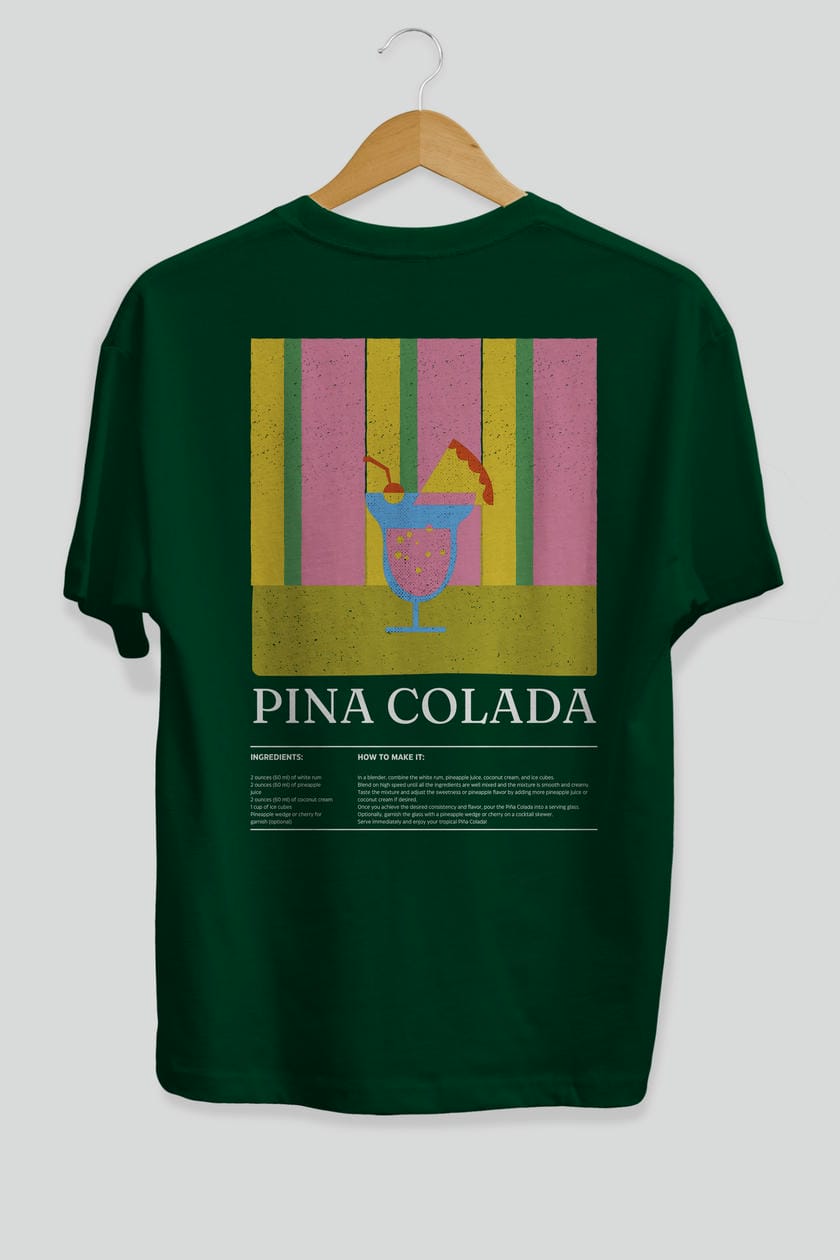 Pina Colada Kokteyl Serisi Arka Baskılı Oversize t-shirt Erkek Kadın %100 Pamuk Bisiklet Yaka tişort