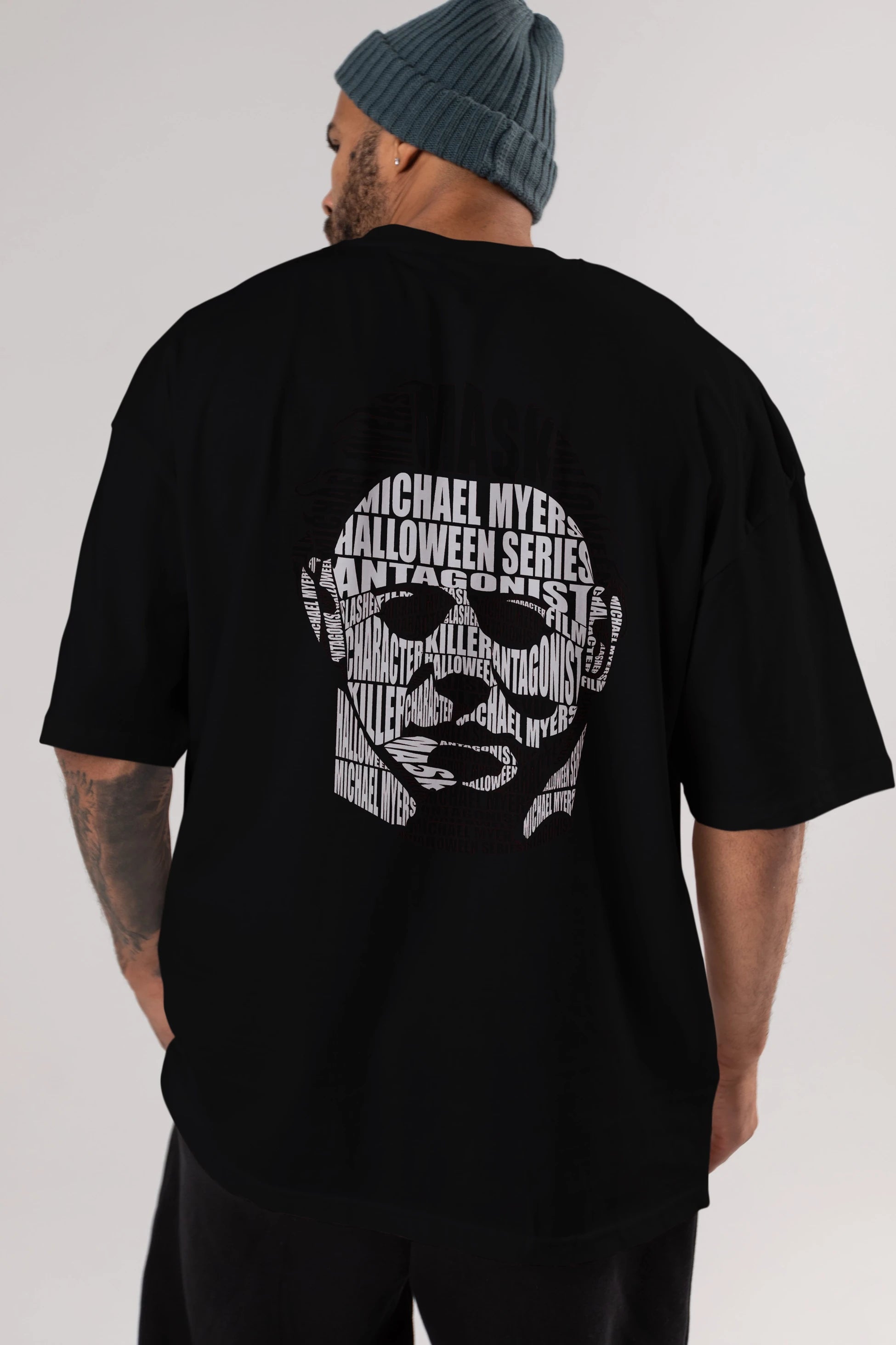 Michael Myers Calligram Arka Baskılı Oversize t-shirt %100 pamuk Erkek Kadın Unisex