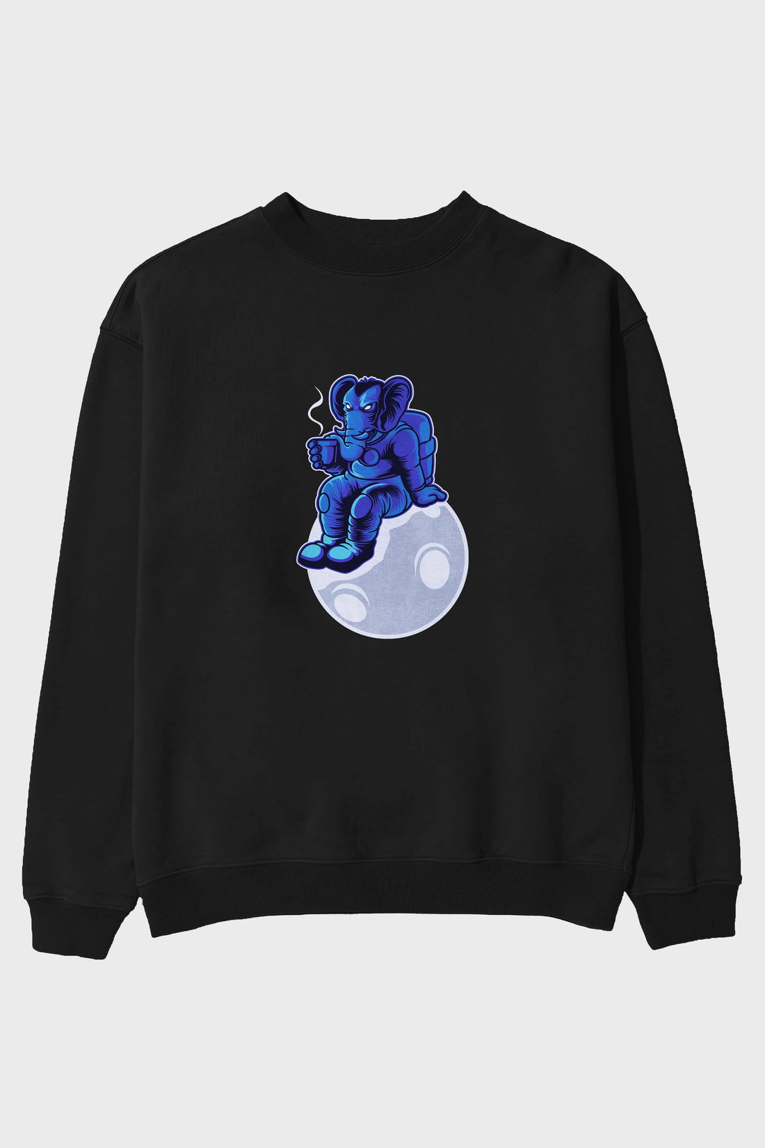 Space Elephant Drink Coffee Ön Baskılı Oversize Sweatshirt Erkek Kadın Unisex