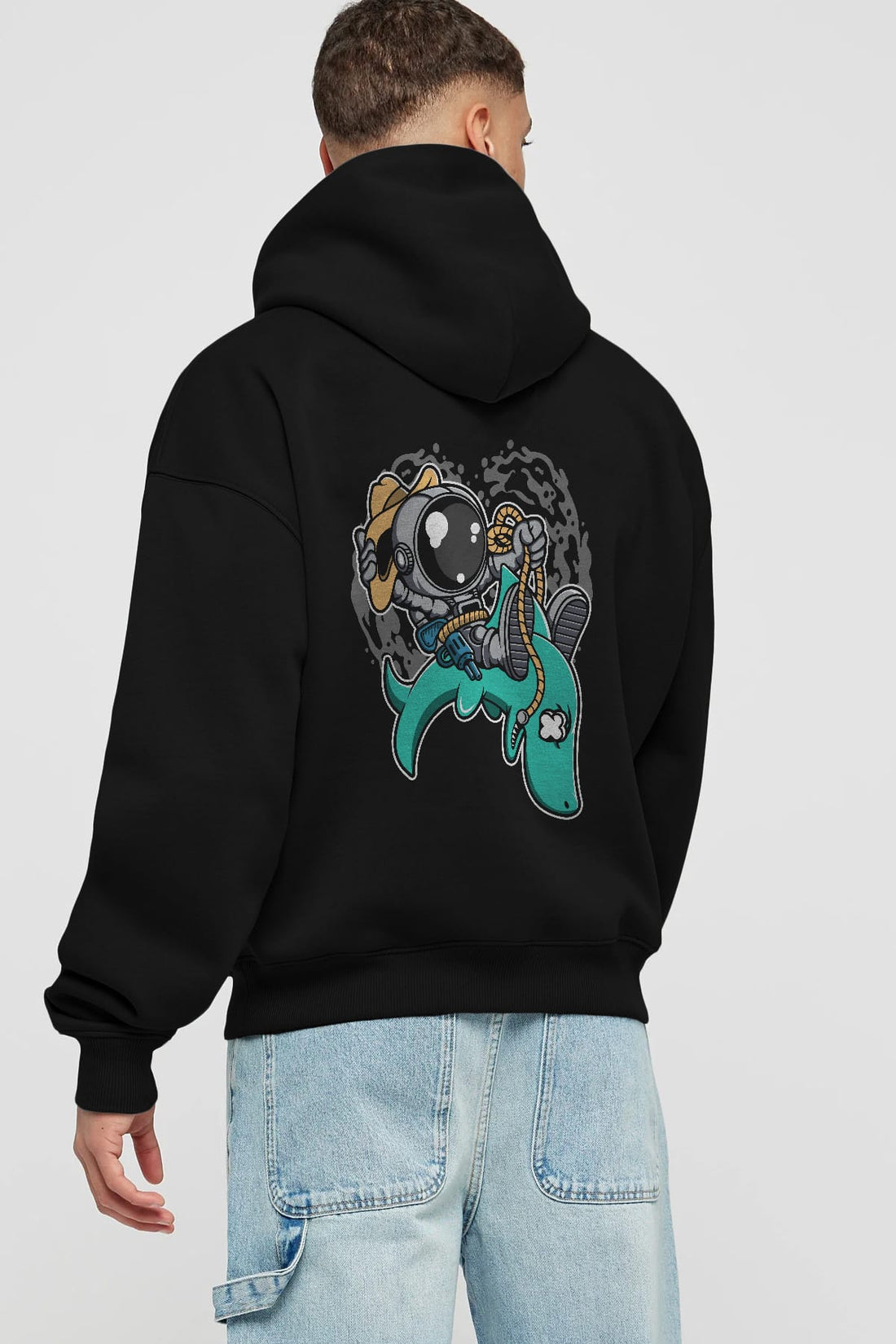 Astronaut Riding Shark Arka Baskılı Hoodie Oversize Kapüşonlu Sweatshirt Erkek Kadın Unisex