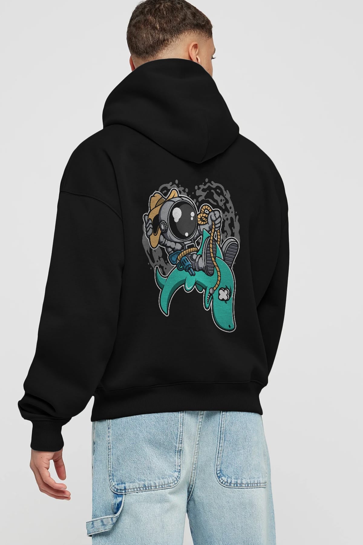 Astronaut Riding Shark Arka Baskılı Hoodie Oversize Kapüşonlu Sweatshirt Erkek Kadın Unisex