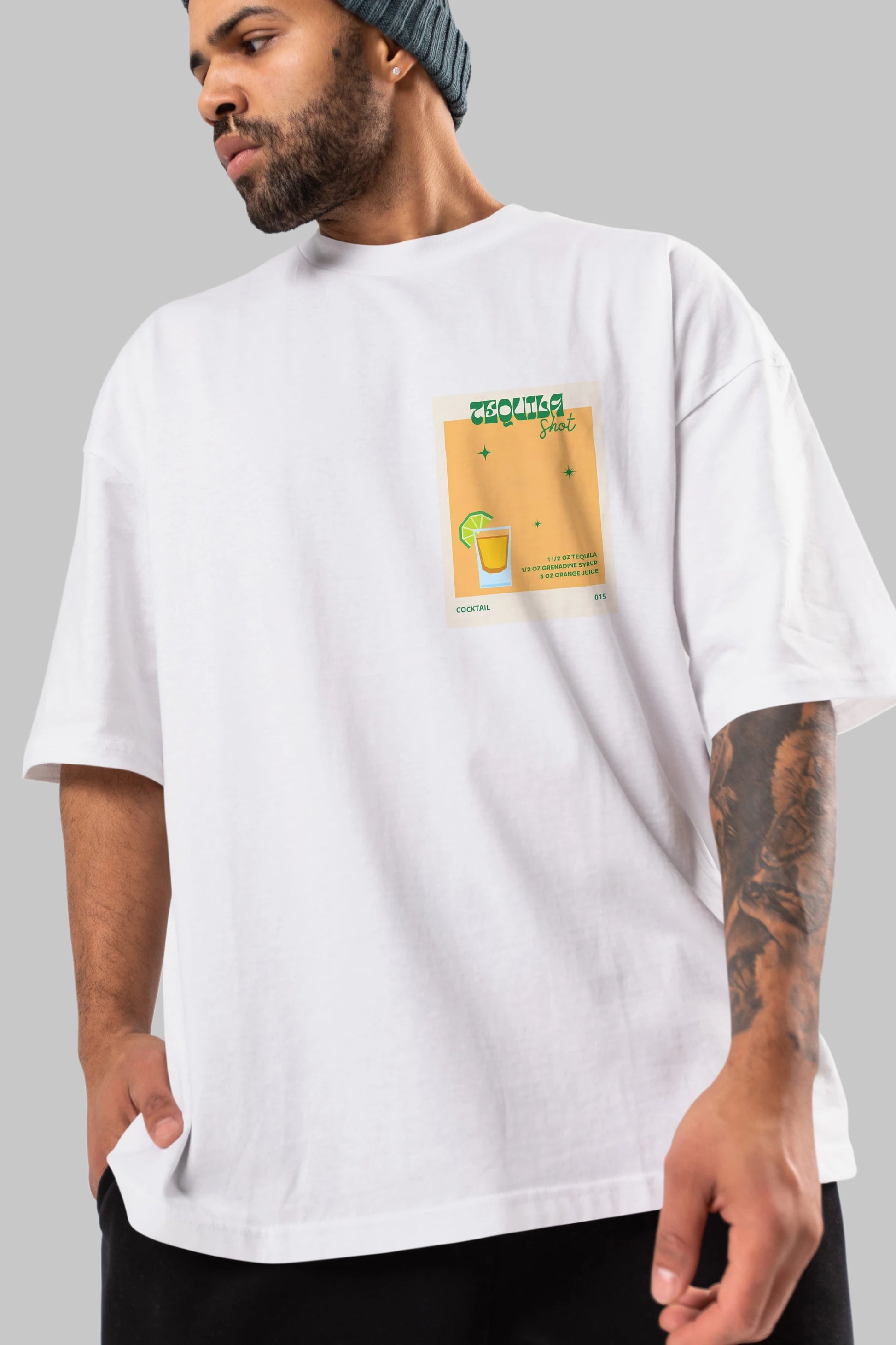 Tequila Shot 2 Ön Sol Baskılı Oversize t-shirt Erkek Kadın Unisex %100 Pamuk Bisiklet Yaka tişort