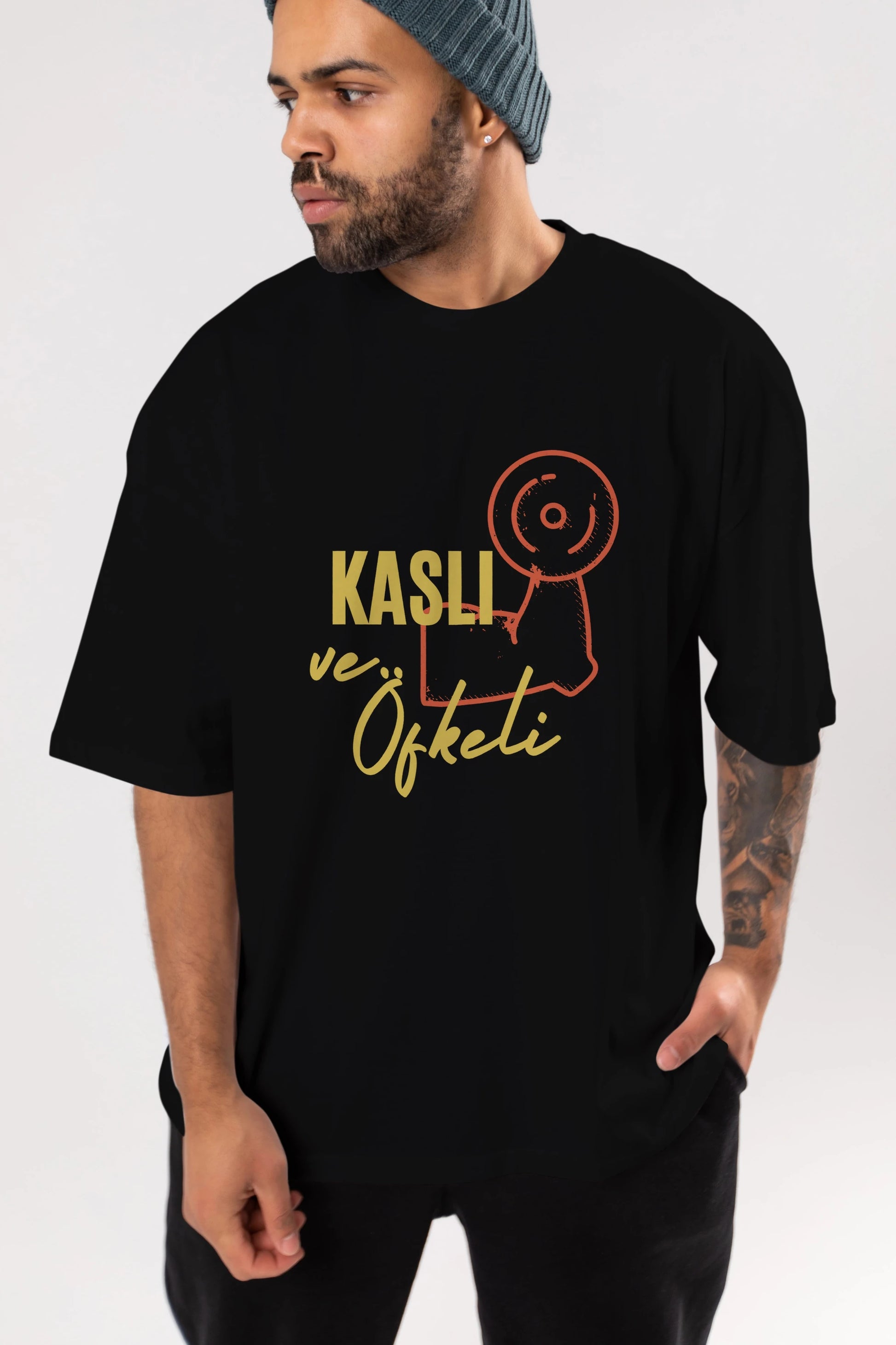Kaslı ve Öfkeli Yazılı Ön Baskılı Oversize t-shirt Erkek Kadın Unisex