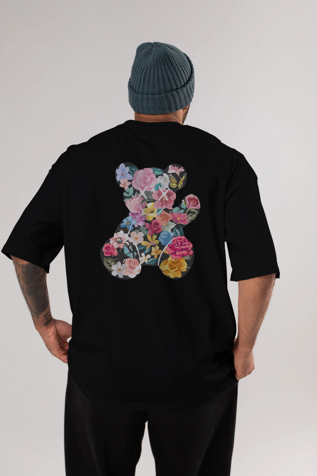 Flowers Bear Arka Baskılı Oversize t-shirt Erkek Kadın Unisex