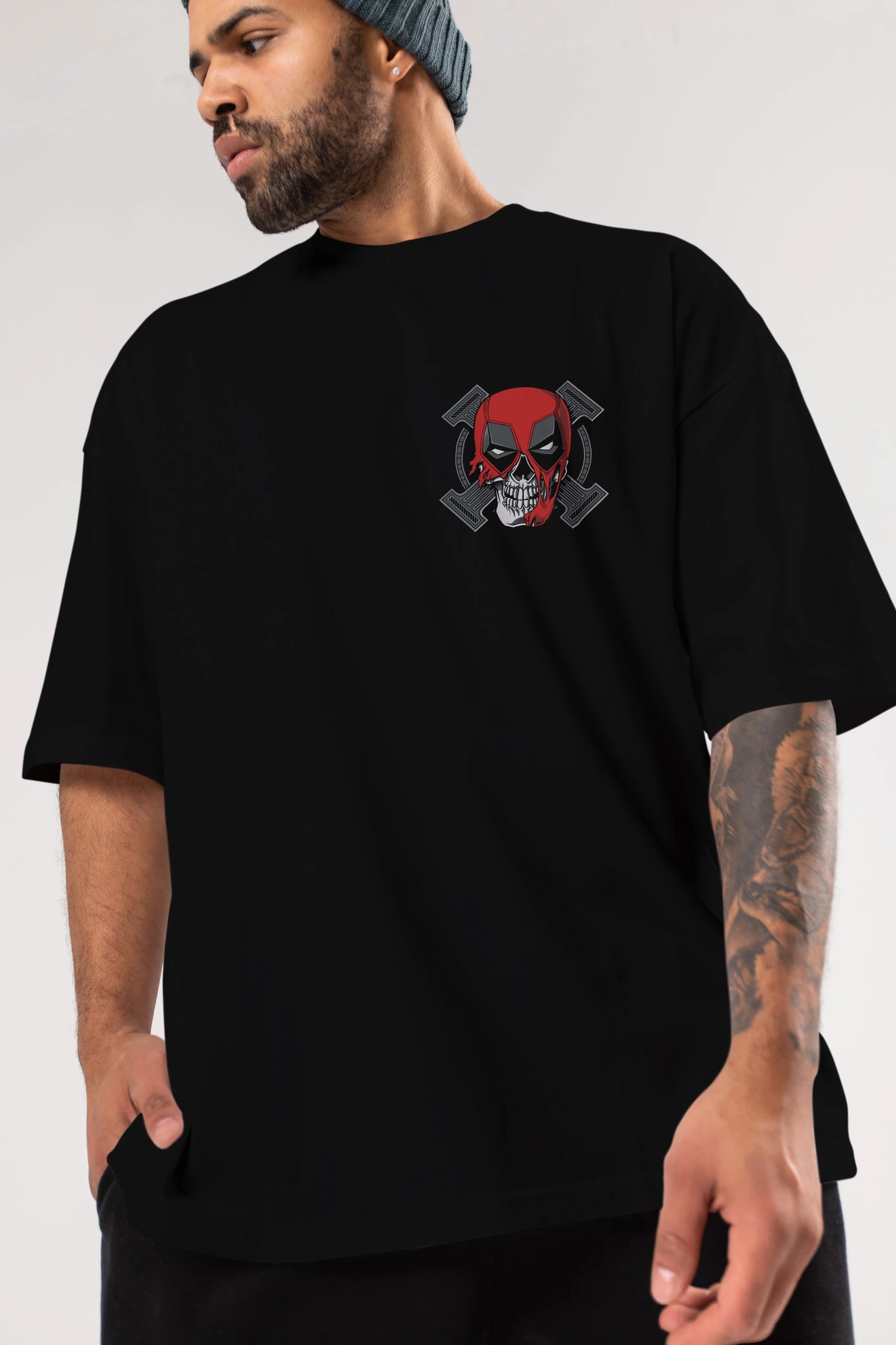 Deadpool (7) Ön Sol Baskılı Oversize t-shirt Erkek Kadın Unisex %100 Pamuk Bisiklet Yaka tişort