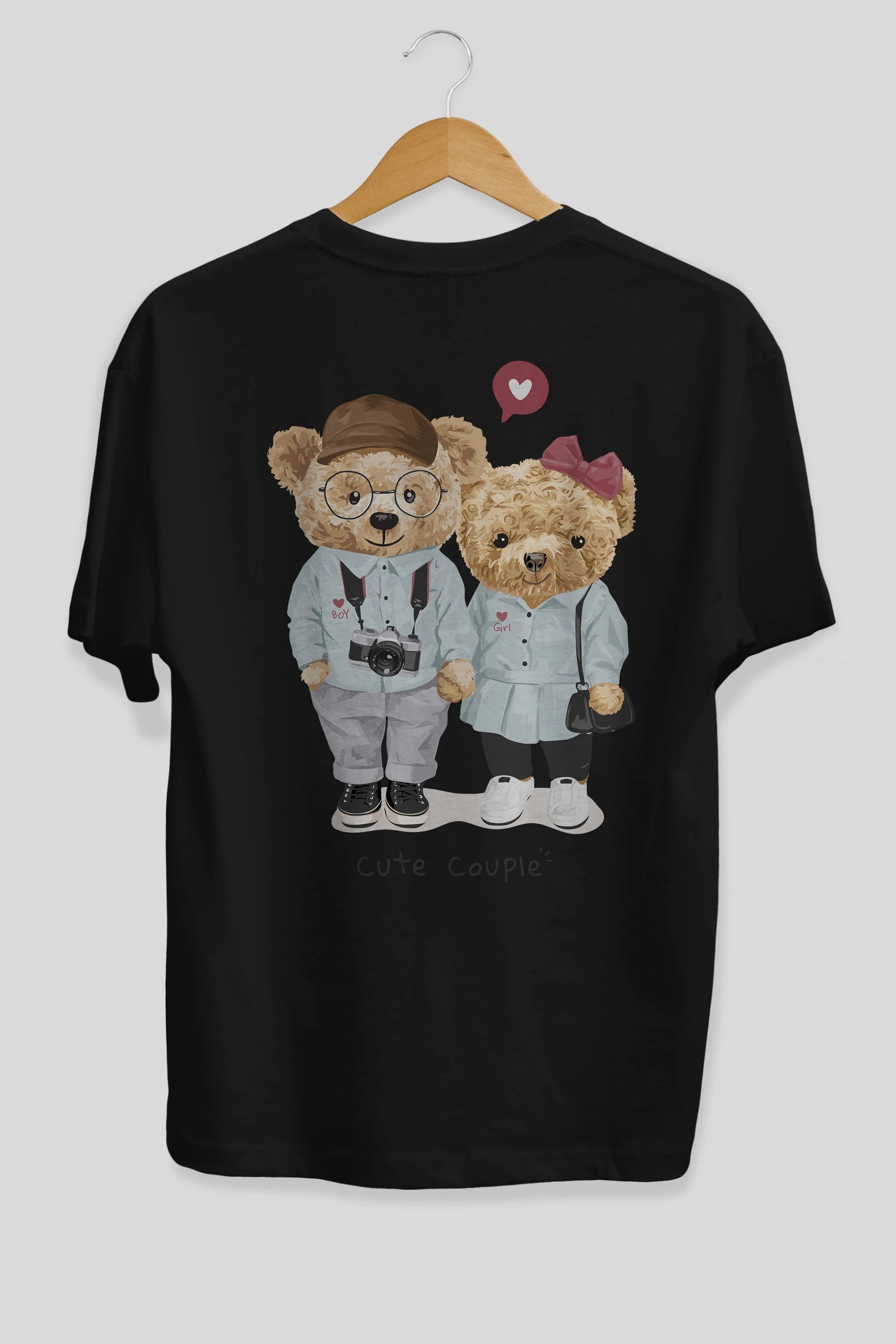 Teddy Bear Cute Couple Arka Baskılı Oversize t-shirt Erkek Kadın Unisex %100 Pamuk