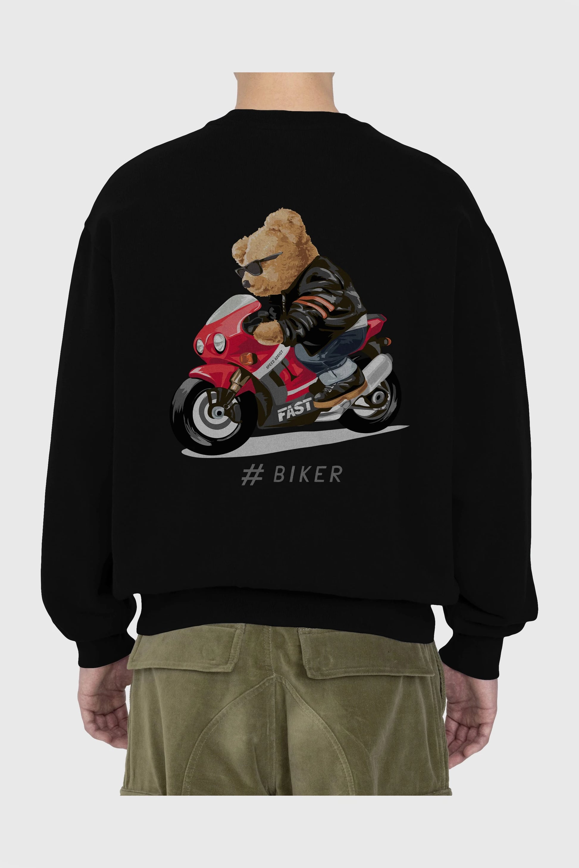 Teddy Bear Biker Arka Baskılı Oversize Sweatshirt Erkek Kadın Unisex
