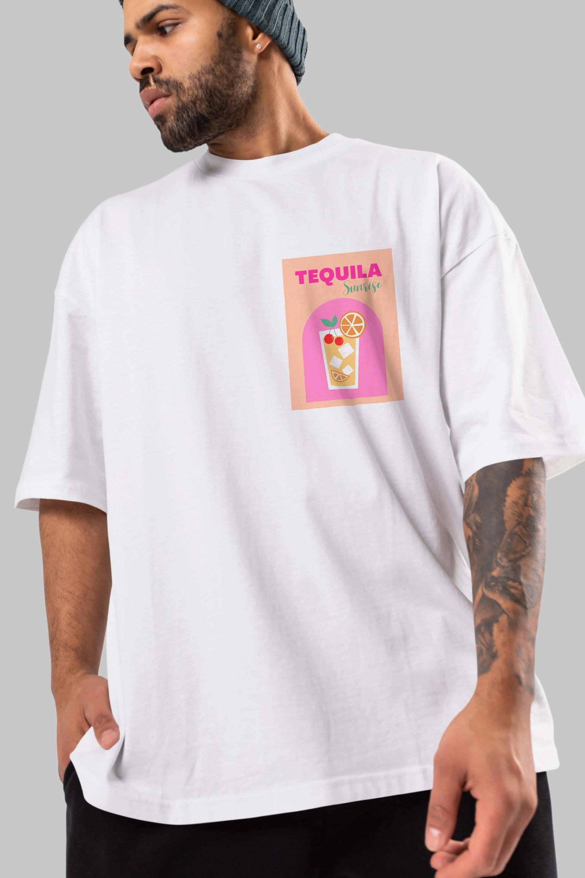 Tequila Sunrise 2 Ön Sol Baskılı Oversize t-shirt Erkek Kadın Unisex %100 Pamuk Bisiklet Yaka tişort