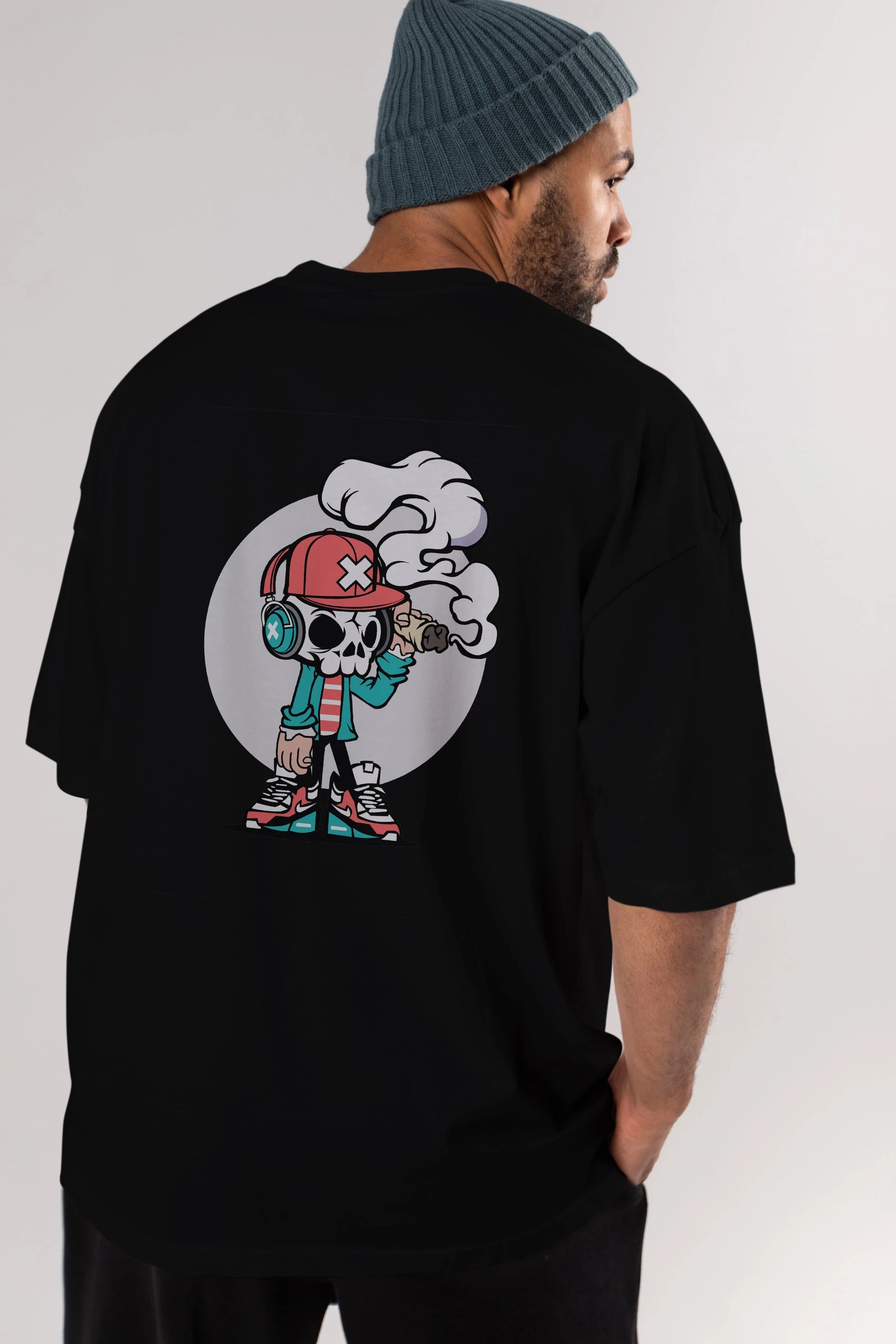 Skull Headphone Arka Baskılı Oversize t-shirt Erkek Kadın Unisex %100 Pamuk tişort