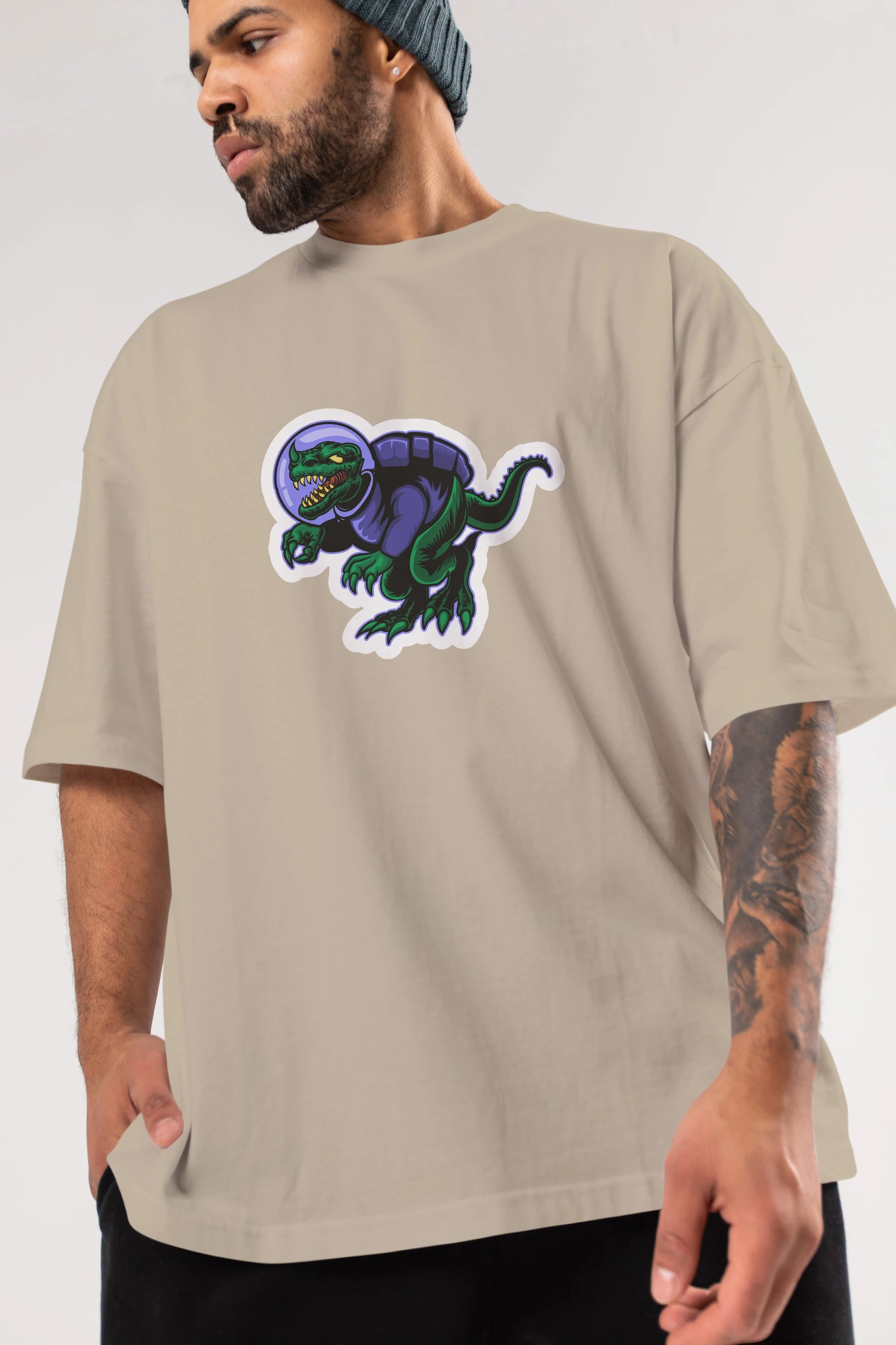 Space Dino Sticker Ön Baskılı Oversize t-shirt Erkek Kadın Unisex