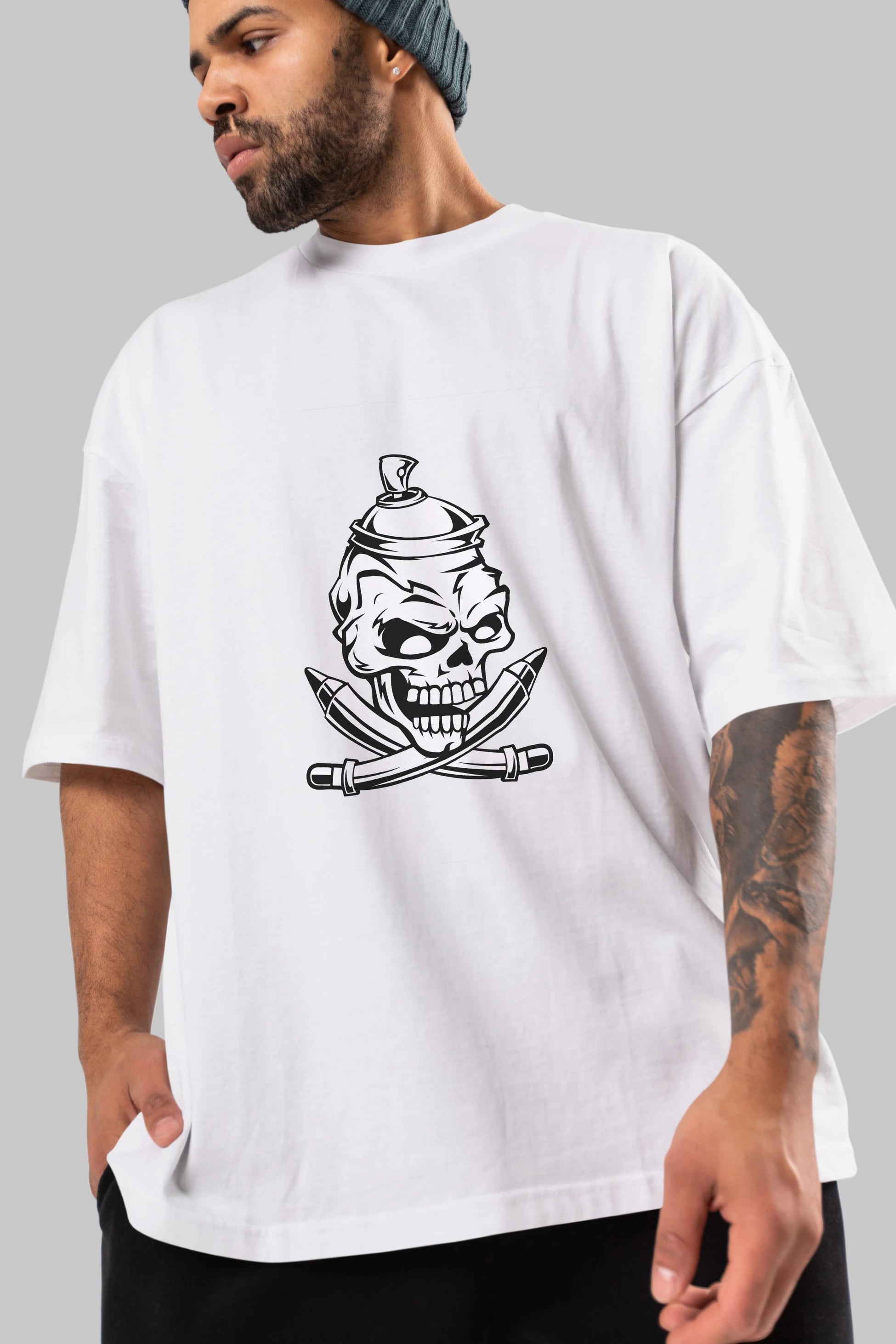 Skull Grafity Ön Baskılı Oversize t-shirt Erkek Kadın Unisex %100 Pamuk tişort