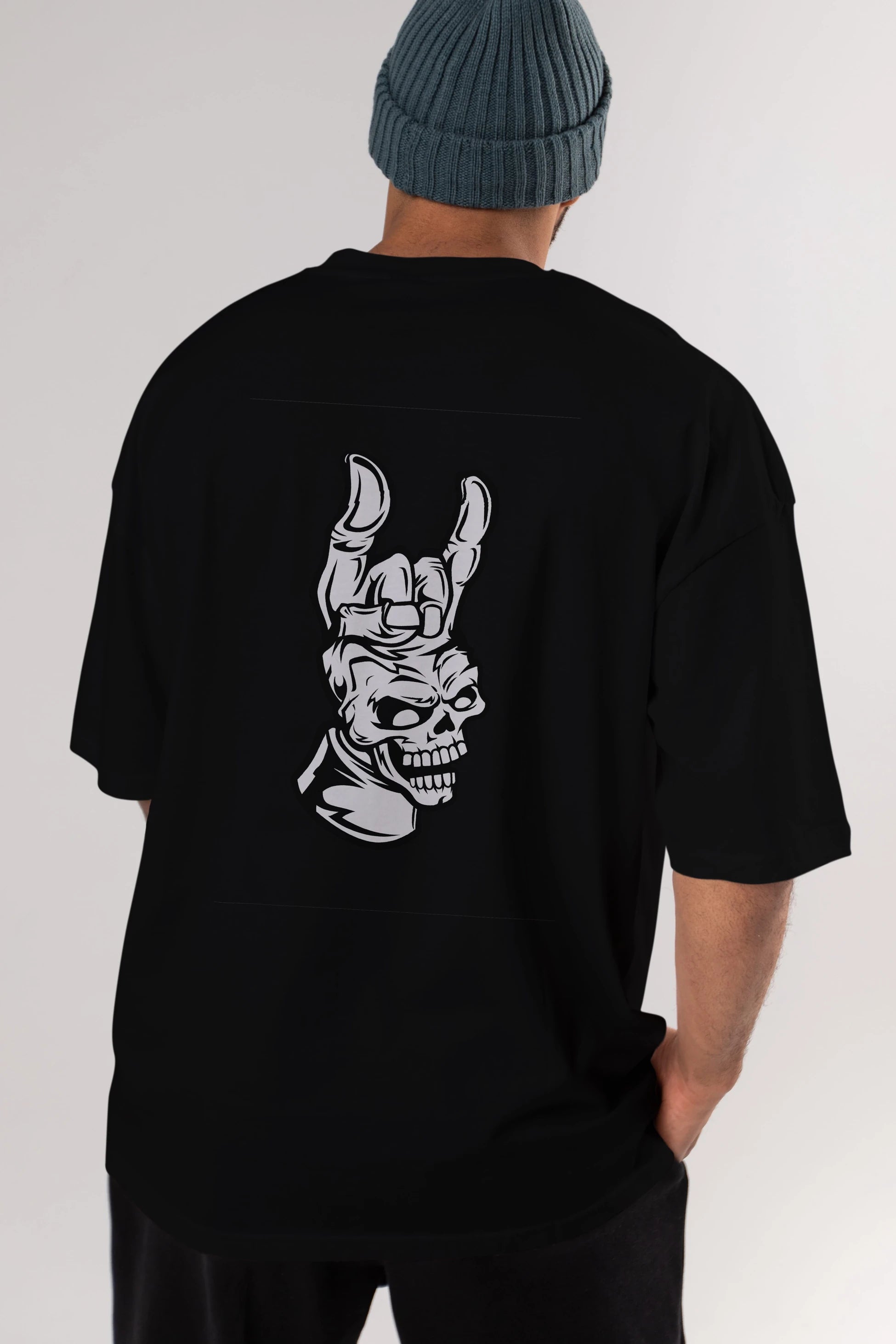 Hand Metal Skull Arka Baskılı Oversize t-shirt Erkek Kadın Unisex %100 Pamuk tişort