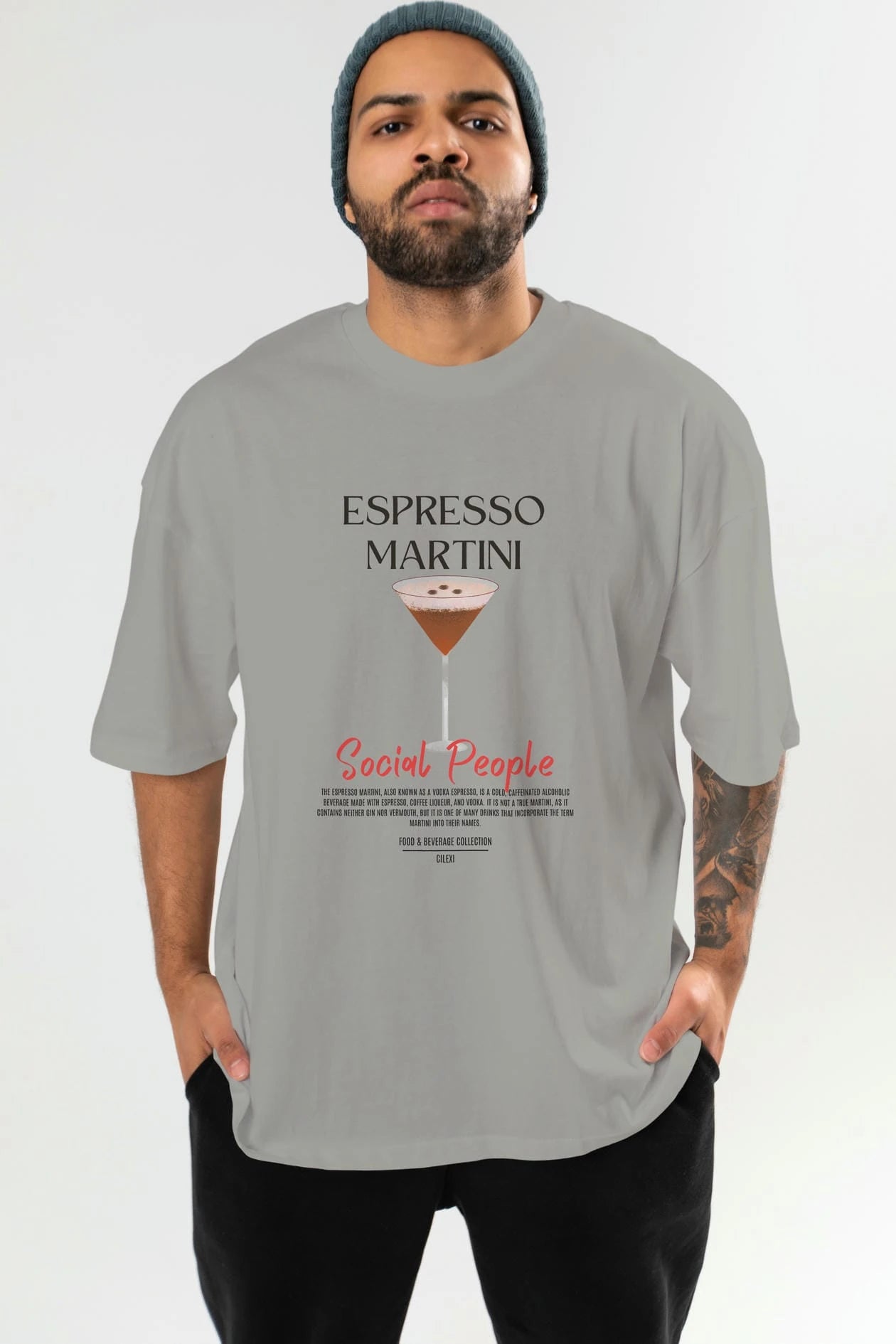 Espresso Martını Kokteyl Serisi ön Baskılı Oversize t-shirt Erkek Kadın %100 Pamuk Bisiklet Yaka tişort
